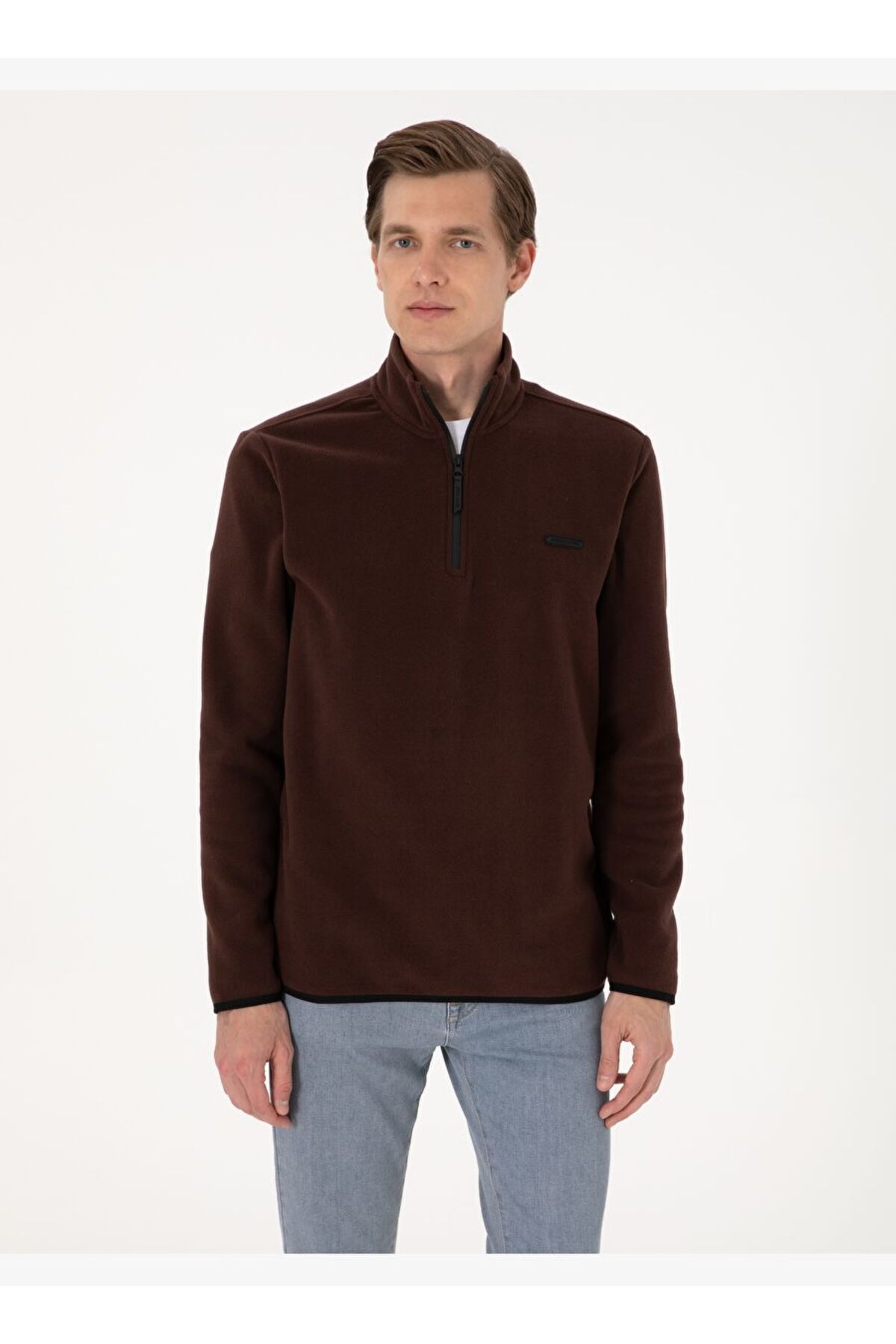 پیر کاردین سویشرت پشمی نیم زیپ قهوه‌ای معمولی