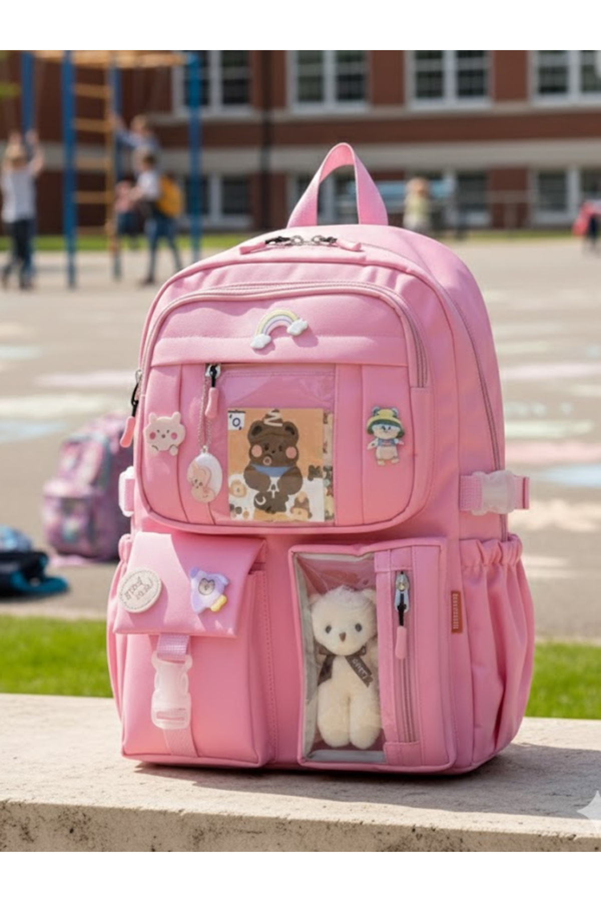 NiceLand Kore Tarzı Okul Çantası Aksesuarlı Kız Çocuk ve Erkek Çocuk Sırt Çantası AÇIK PEMBE