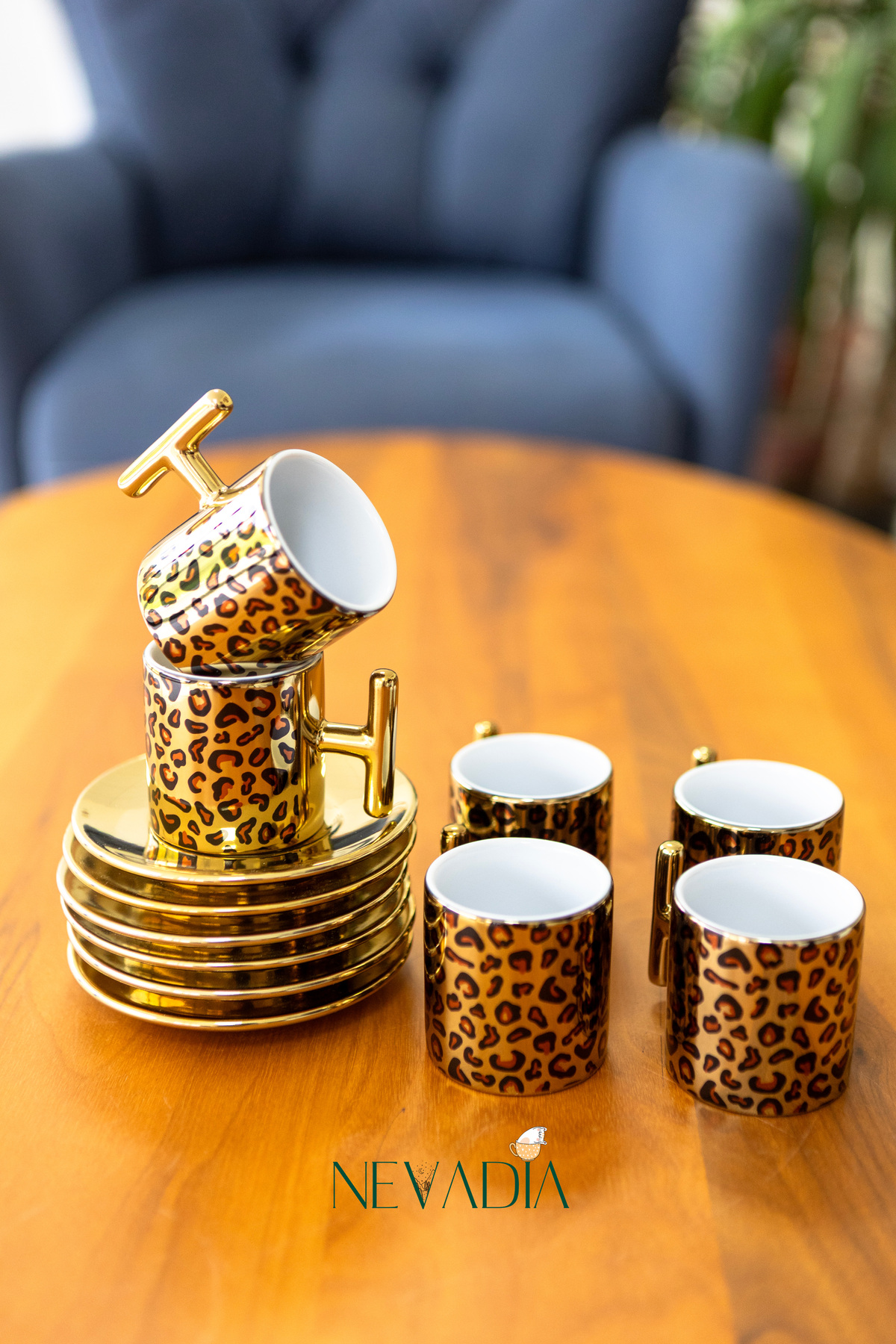 NevaDia 6 Kişilik Gold Leopar Desenli T Kulplu Kahve Fincan Takımı ...