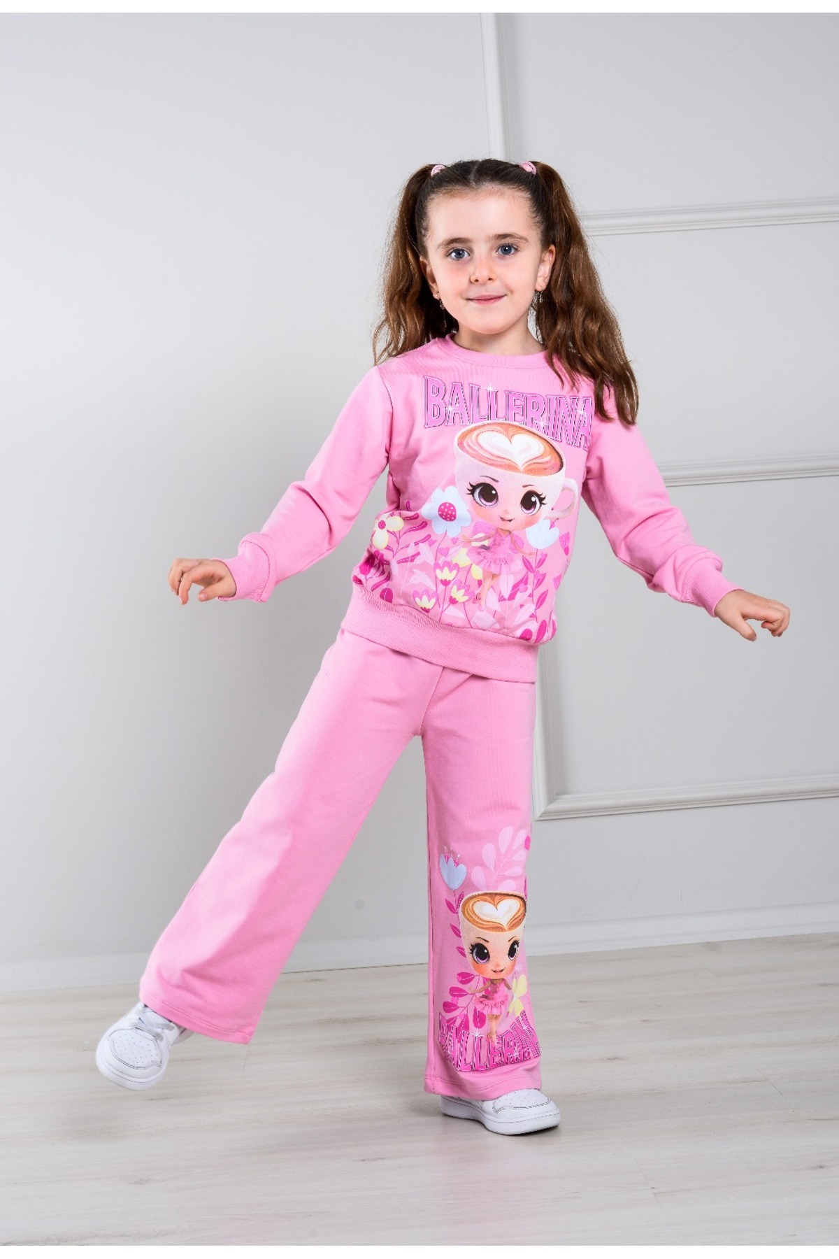 Girl 2-Piece Set Ballerina Patterned Sweatshirt and Wide Leg Pants