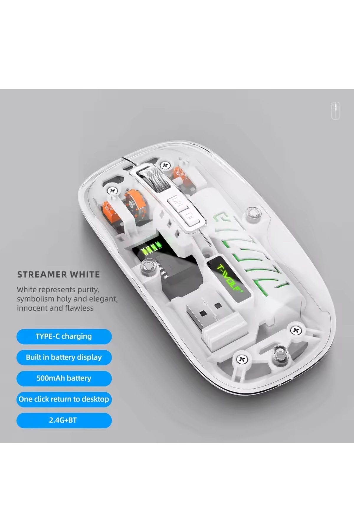 RabbitTech Şeffaf Mouse Kablosuz Mouse Fare Şarjlı Bluetooth Wireless Çift Modlu Sessiz 5 Tuşlu DPI Kontrol