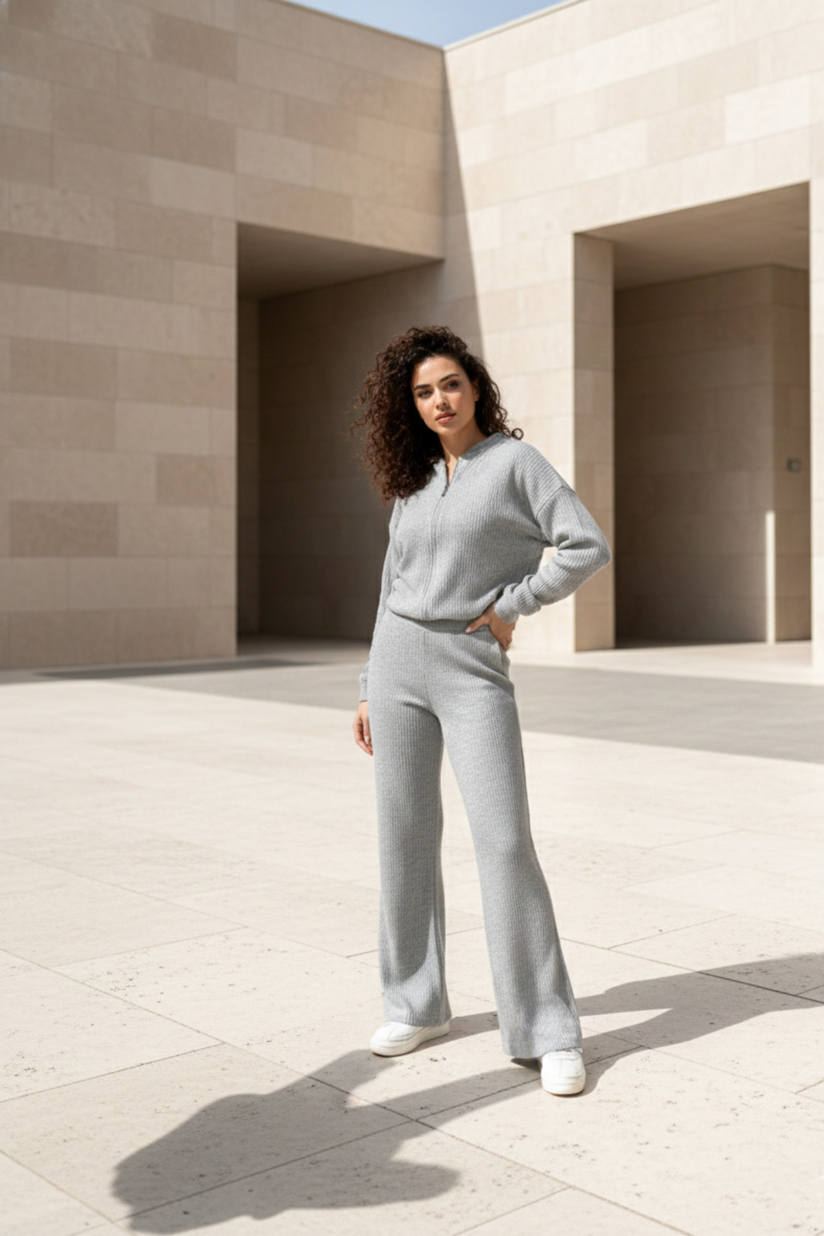 GRAY RAISED KNITWEAR PANTS BOMBER JACKET WOMEN 'S BOTTOM-TOP SET