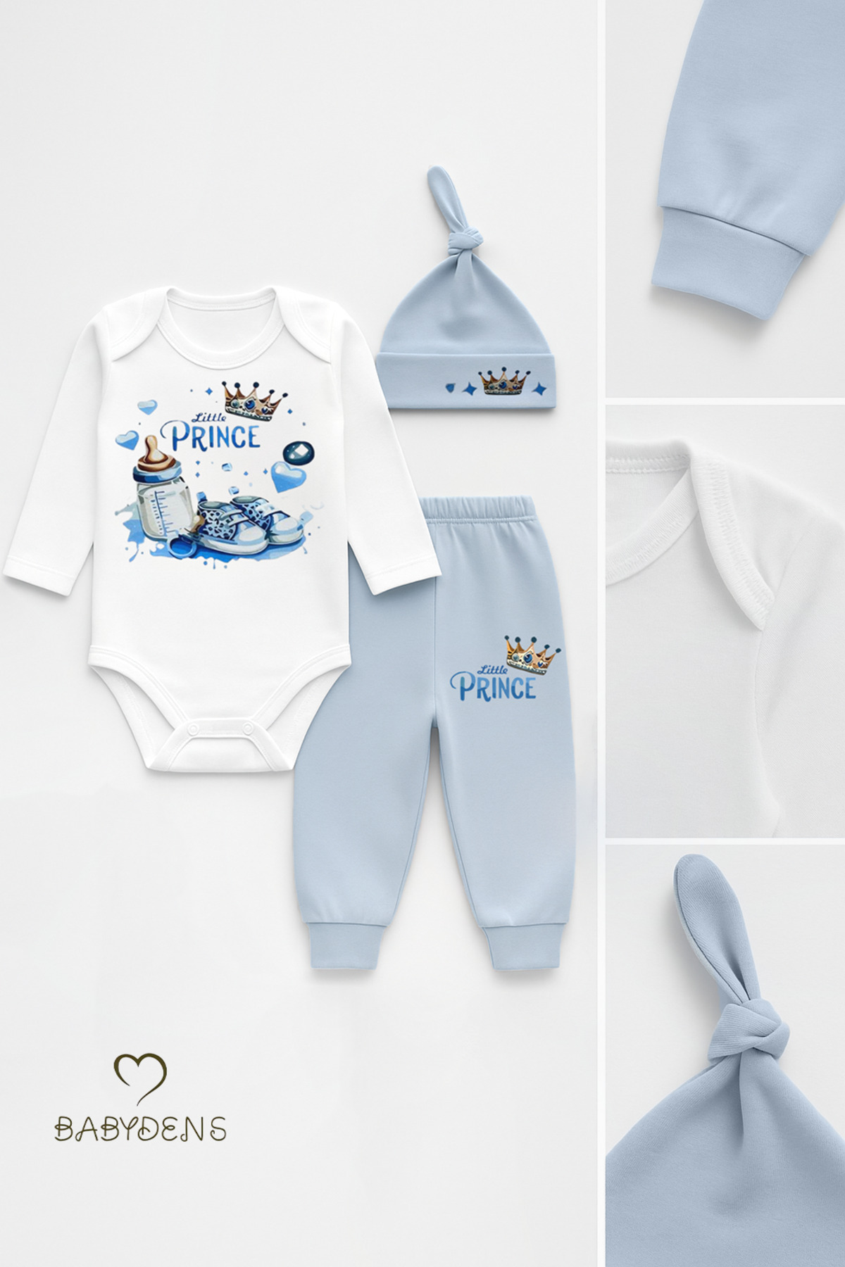BABYDEN'S Little Prince 3’lü Erkek Bebek Takımı – Uzun Kollu %100 Pamuk Body, Pantolon ve Şapka Seti Mavi fotoğrafı 6 (önizleme)