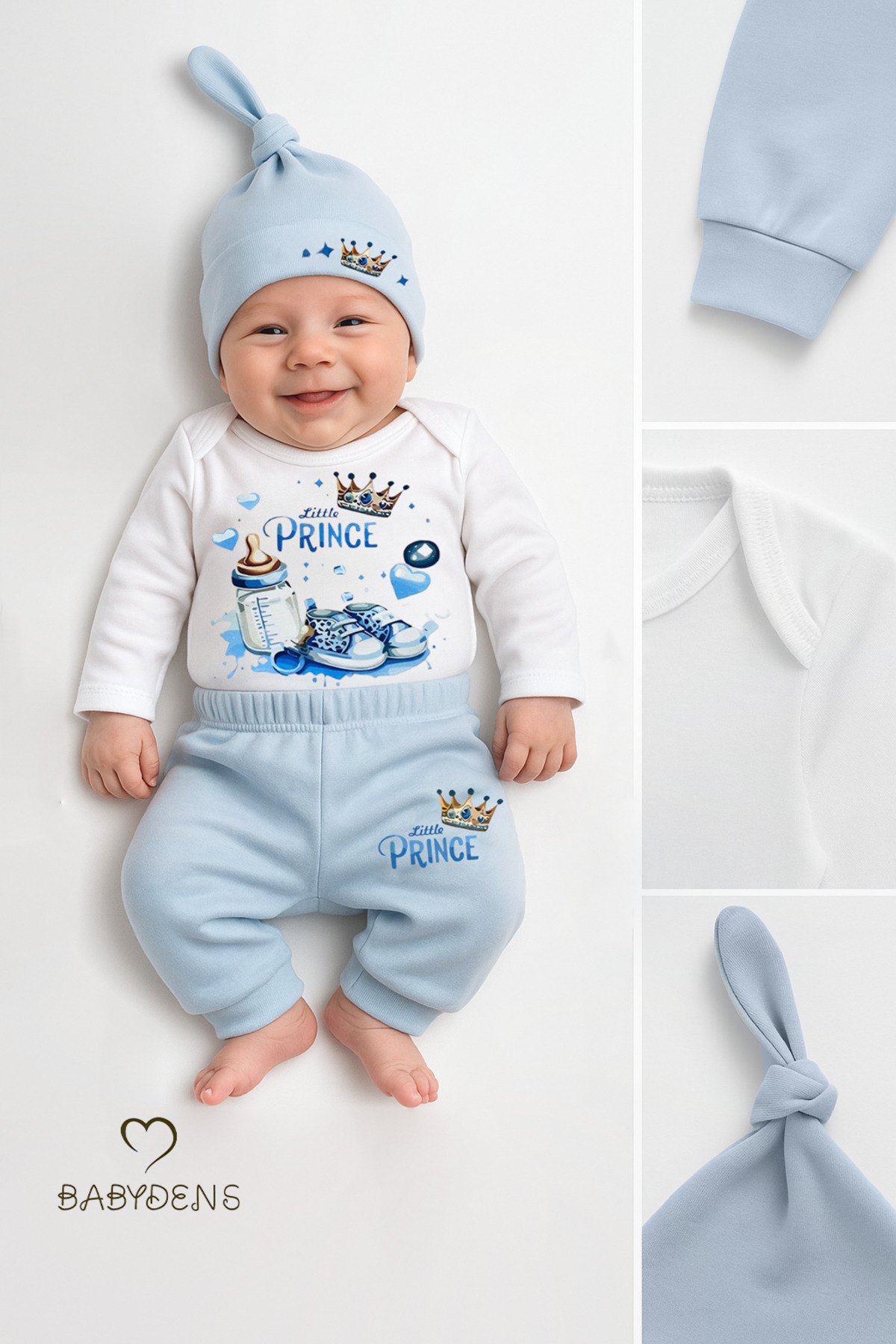 BABYDEN'S Little Prince 3’lü Erkek Bebek Takımı – Uzun Kollu %100 Pamuk Body, Pantolon ve Şapka Seti Mavi fotoğrafı 4 (önizleme)