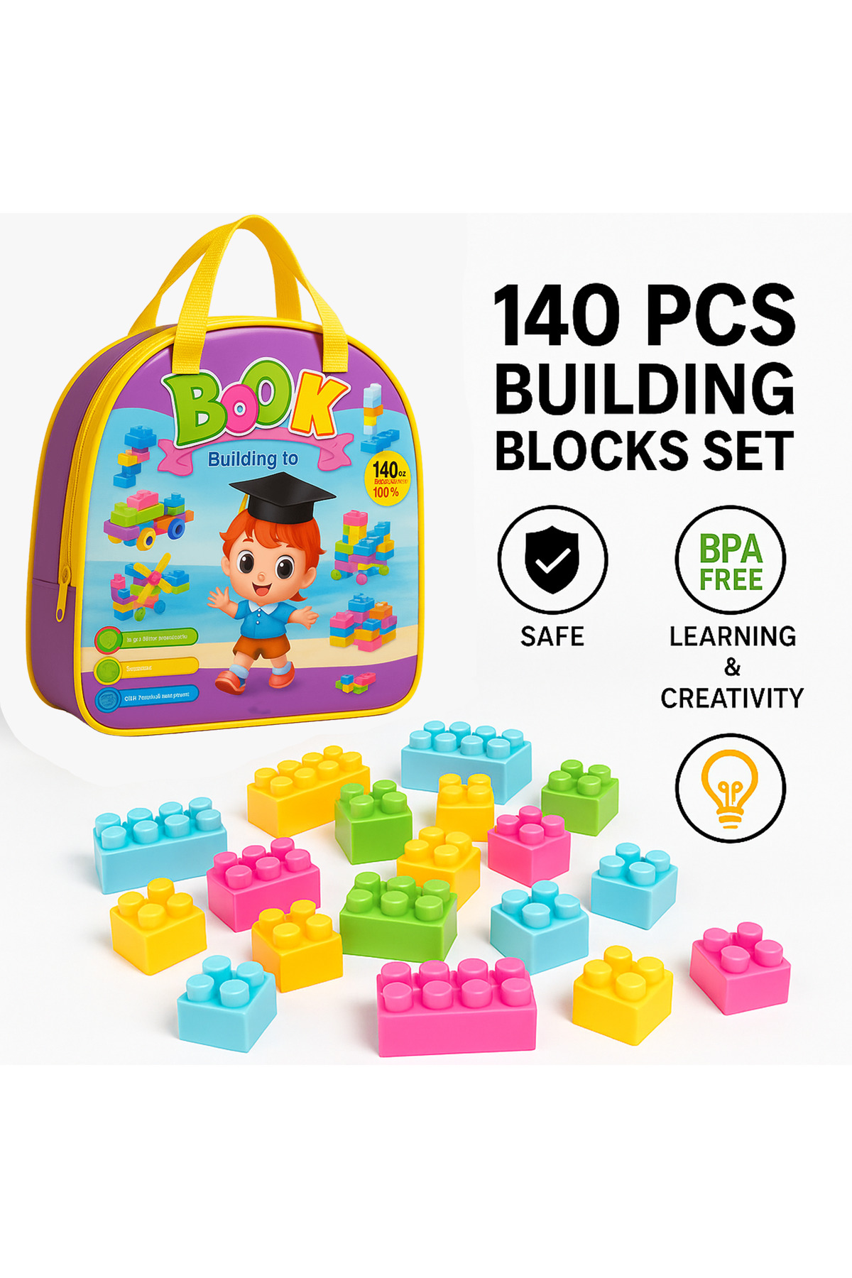 بازی فکری پلاستیکی بلوکهای ساختمانی ۱۴۰ تکه – مجموعه بلوکهای ساختمانی برای پسران و دختران، اسباببازی کودکان