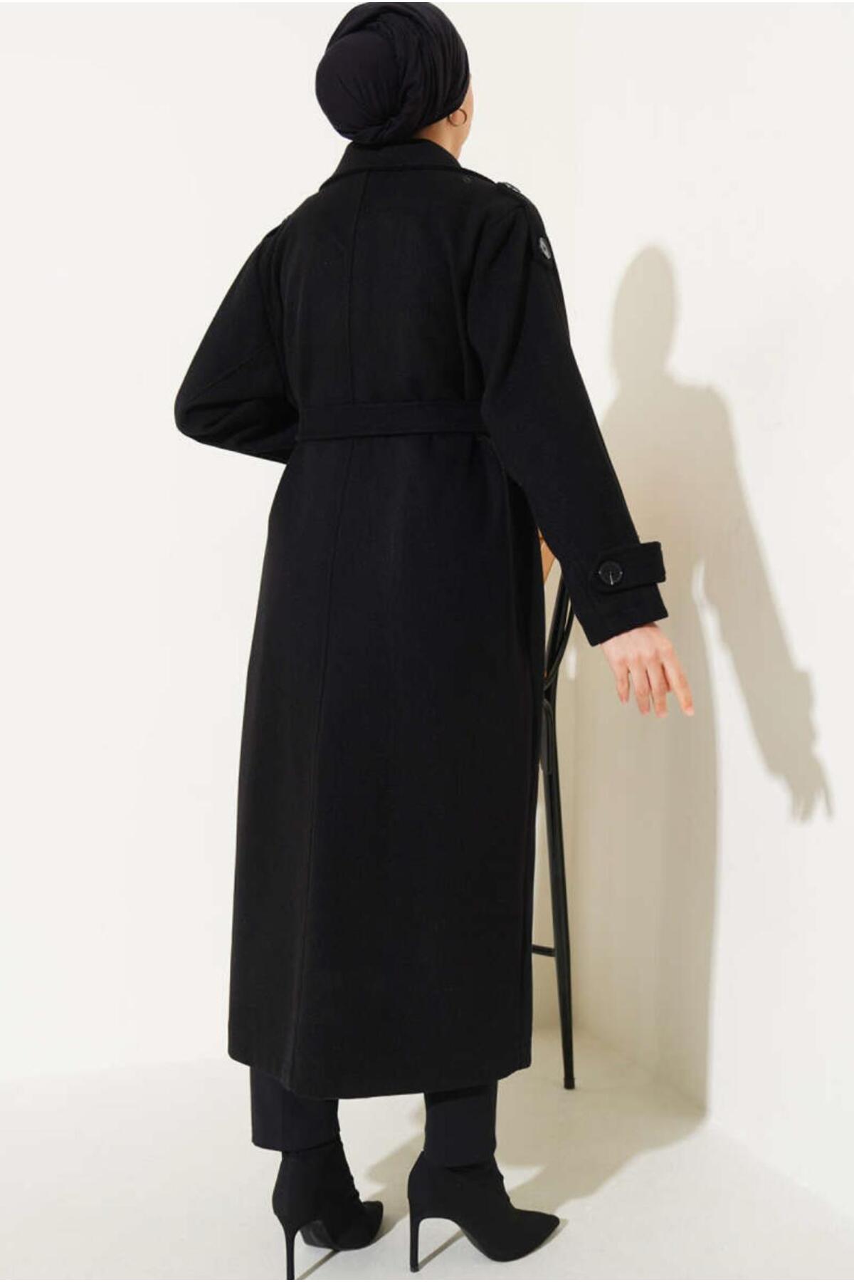 MODAM HİFA  Premium Kadın Siyah Kaşe Kaban Uzun Kışlık Kemerli Şık Palto Mont - Görsel 3
