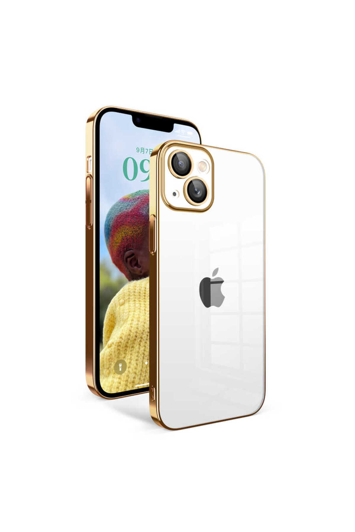 iPhone 14 Uyumlu Kamera Korumalı Renkli Çerçeveli ASMA Garaj Kılıf-Gold