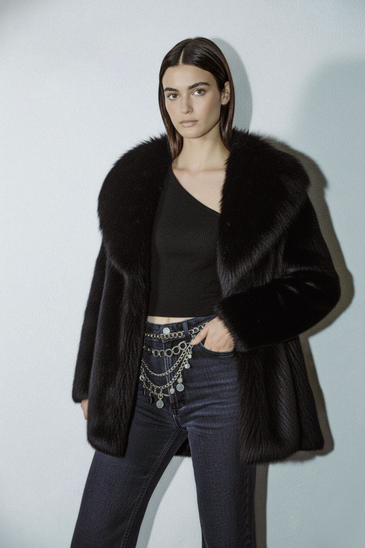 kear bunner  Geniş Yaka Suni Kürk Kaban - Görsel 4