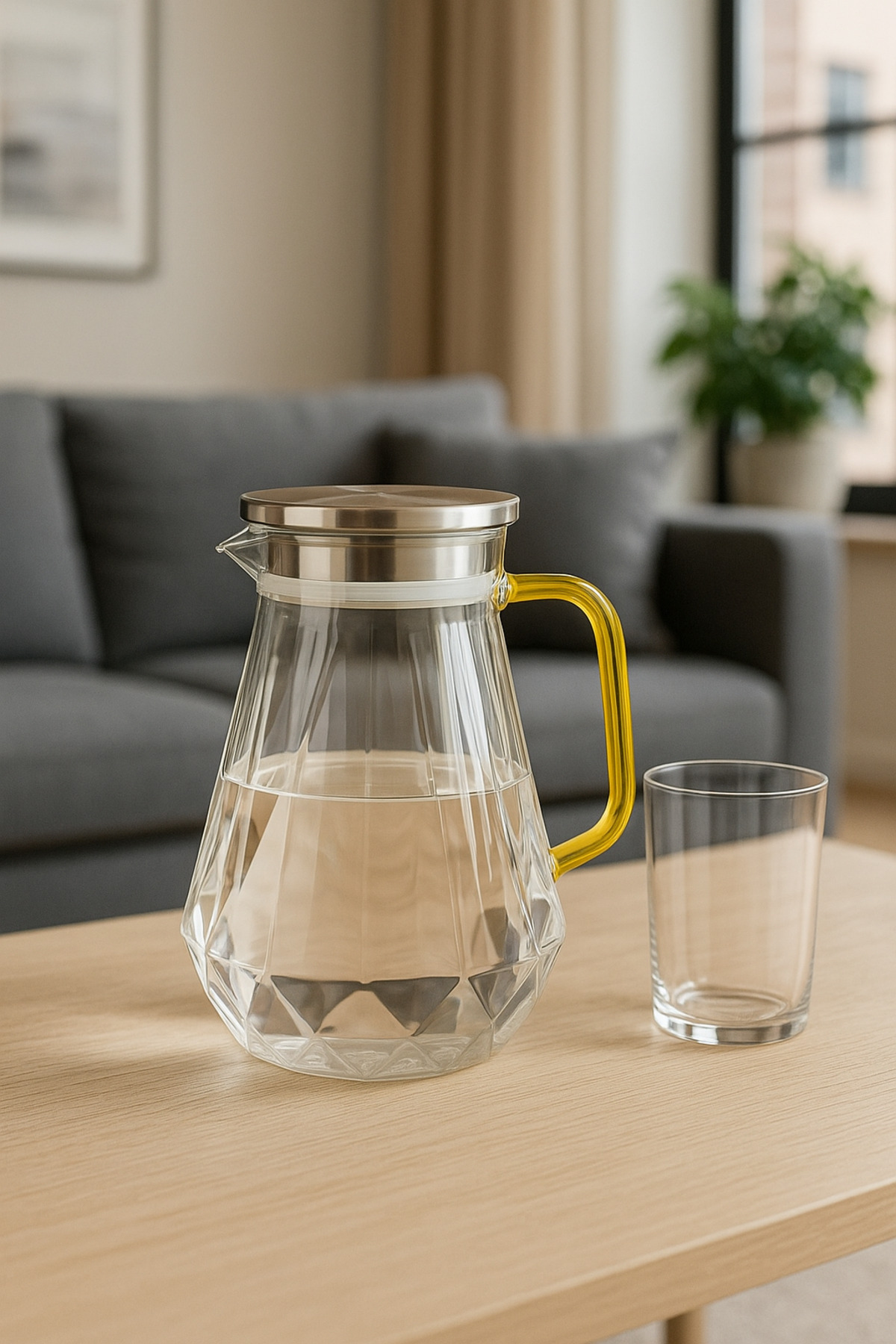 Paşabahçe 1600 ml Kristal Cam Sürahi - Gold Saplı-Çelik Kapaklı Isıya Dayanıklı Şık Su Sürahisi