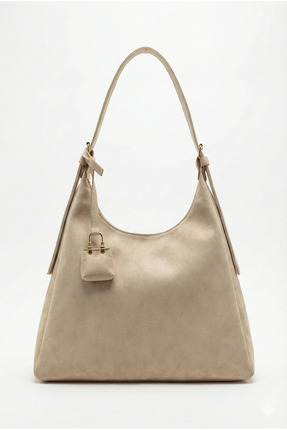 Zenvia Süet Bej Charm Hediyeli Maraw Model Kadın Omuz ÇANTASI