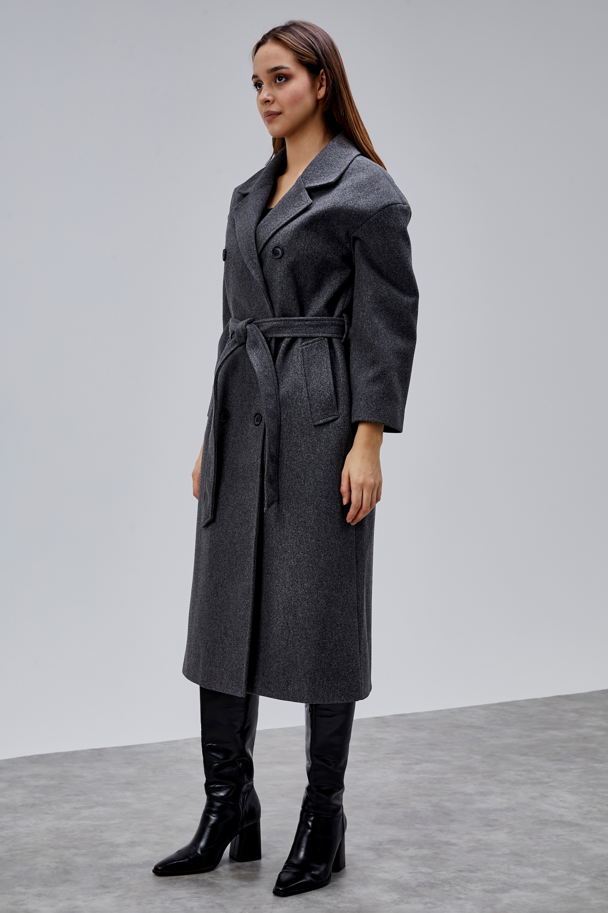 Bolivente  Antrasit Kruvaze Kapama Belden Bağlamalı Geniş Kalıp Kaşe Kaban - Görsel 8