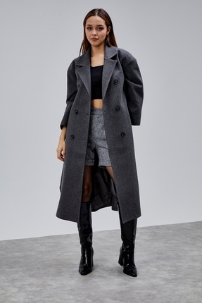 Bolivente Antrasit Kruvaze Kapama Belden Bağlamalı Geniş Kalıp Kaşe Kaban