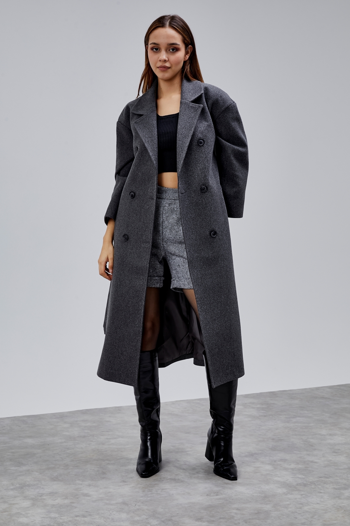 Bolivente  Antrasit Kruvaze Kapama Belden Bağlamalı Geniş Kalıp Kaşe Kaban