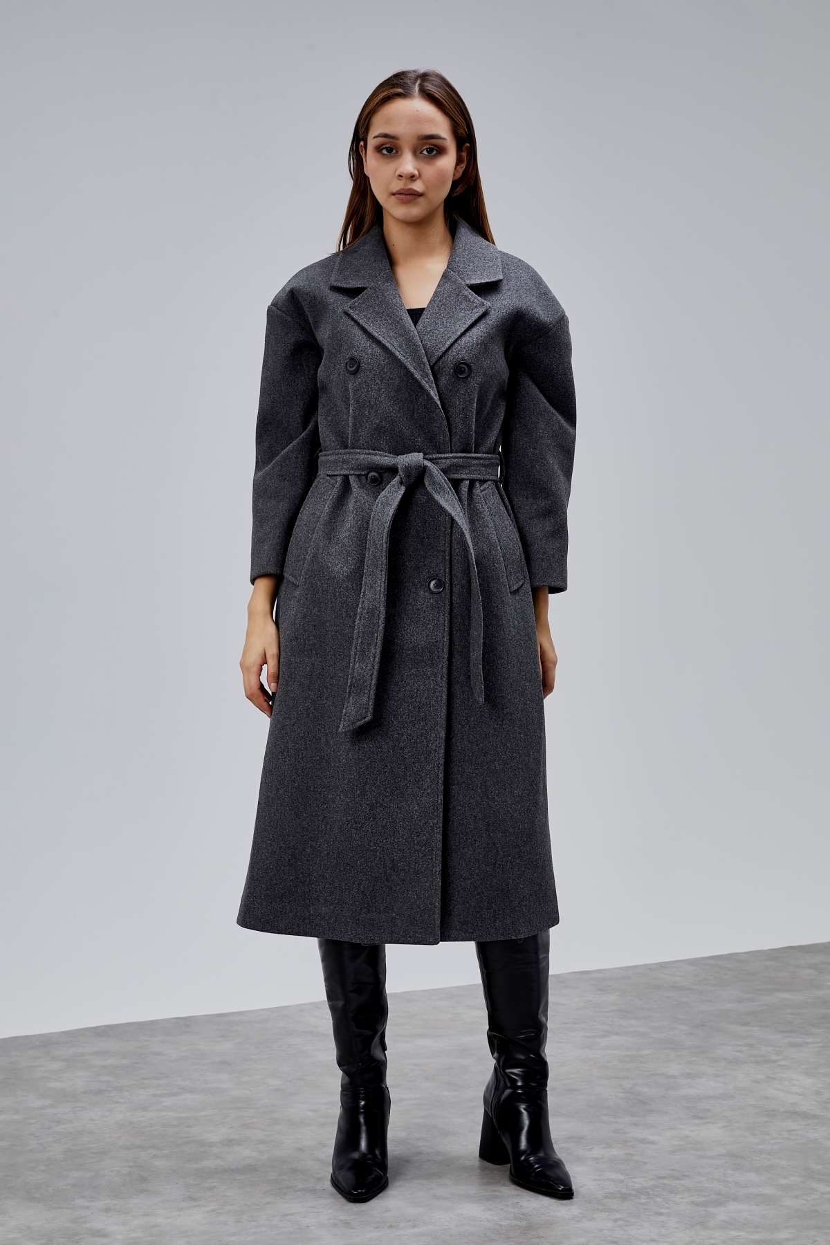 Bolivente  Antrasit Kruvaze Kapama Belden Bağlamalı Geniş Kalıp Kaşe Kaban - Görsel 7