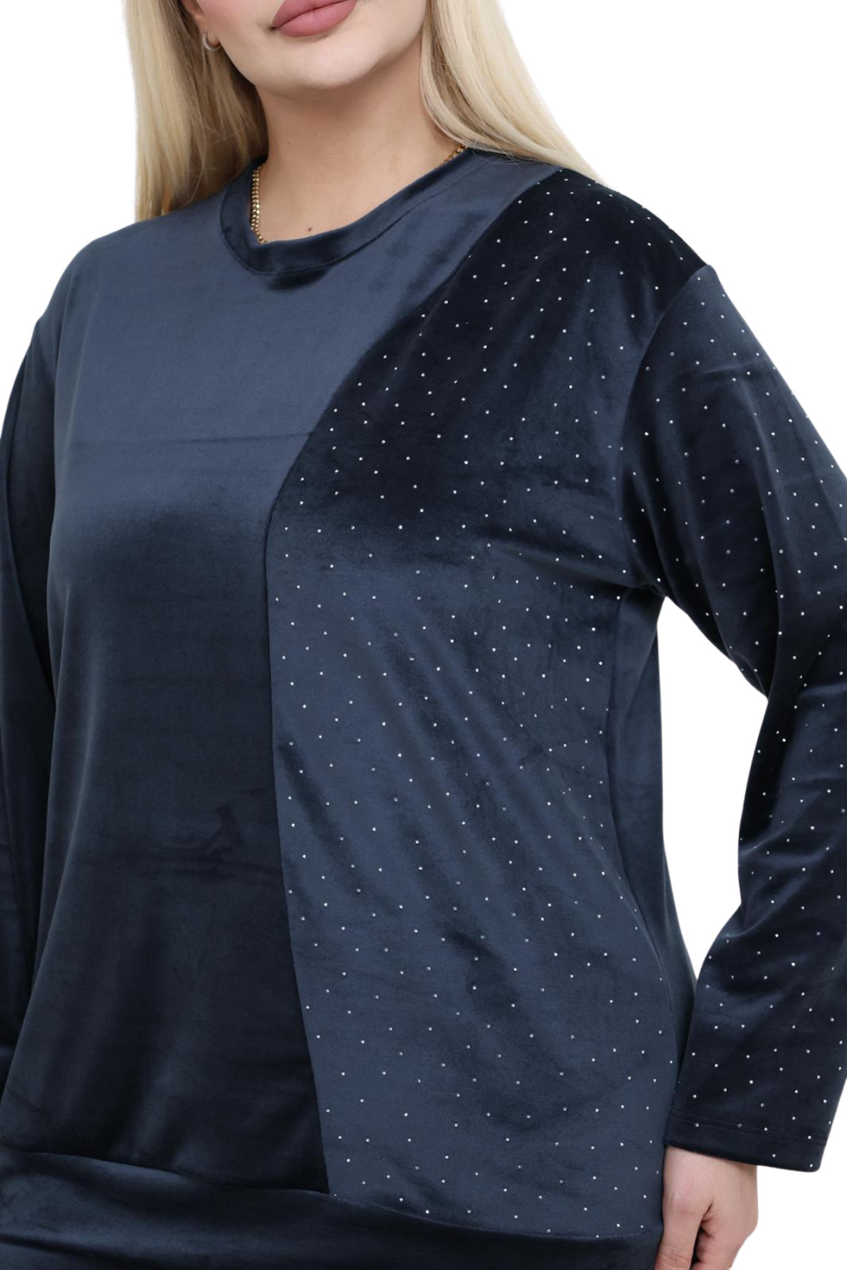 MELSAY Kadın Antrasit Parlak Fransız Kadife Taşlı Yarım Garni Eşofman Takımı