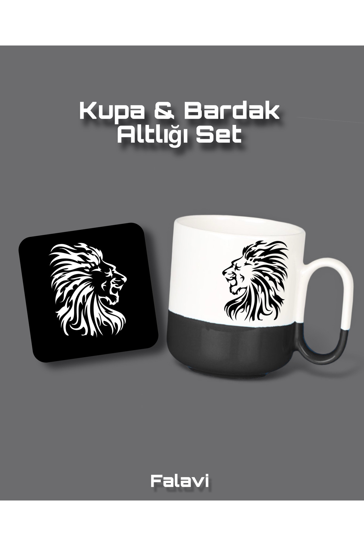 FALAVİ  Aslan Figürlü Kupa ve Bardak Altlığı Set