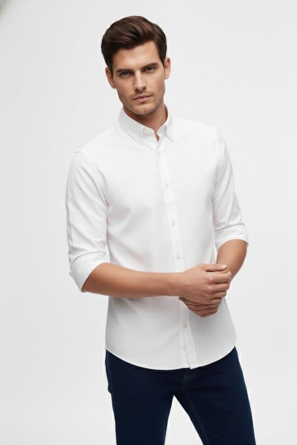 Efor  Slim Fit %100 Pamuk Düğmeli Yaka Oxford Beyaz Gömlek GK 2026 - Görsel 4