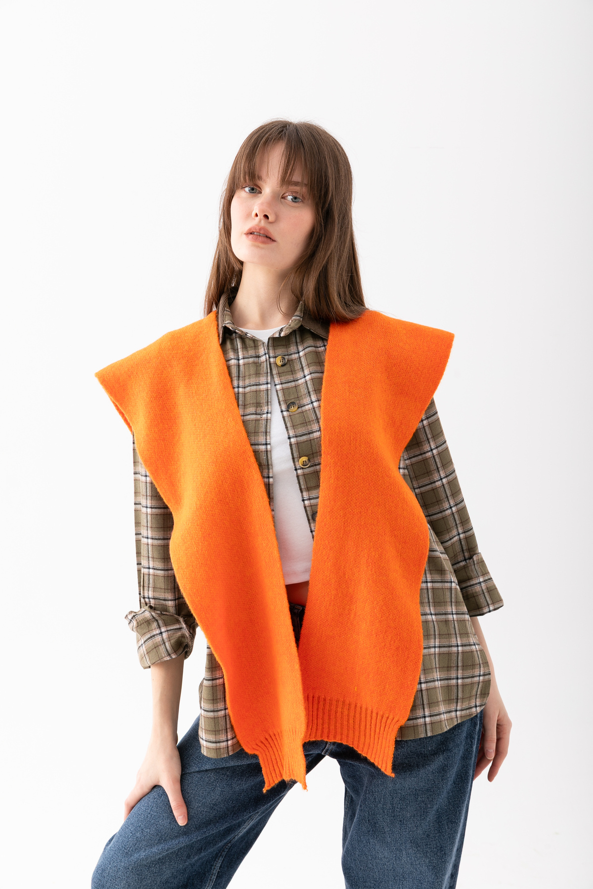 Loov  Yumoş Kare Yaka Bağlamalı Triko Atkı - Kare Parçalı Atkı - Triko Omuz Atkısı Ofis Günlük Moda Atkı - Görsel 7