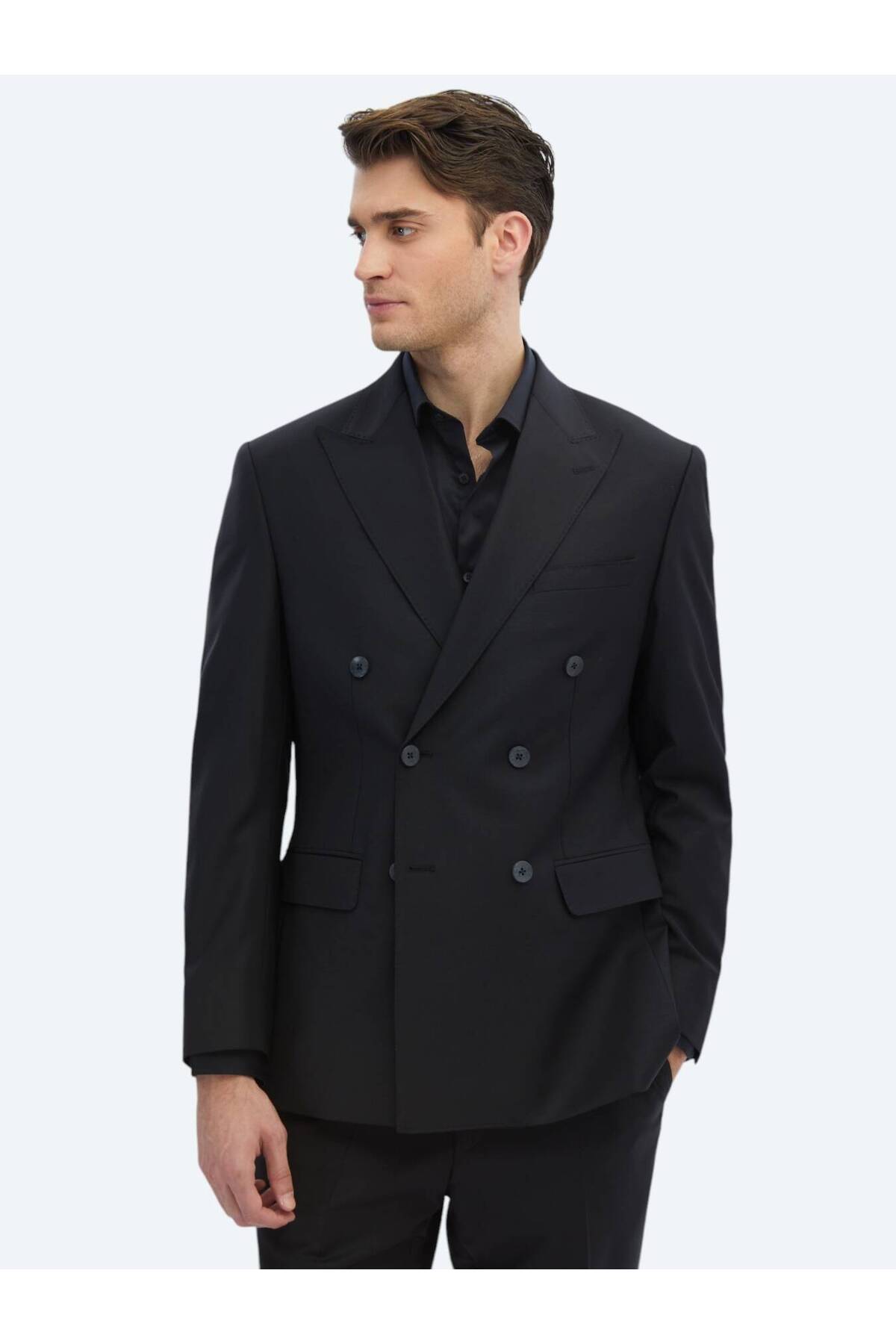 Kip  Siyah Düz Modern Fit Yün Karışımlı Takım Elbise - Görsel 3