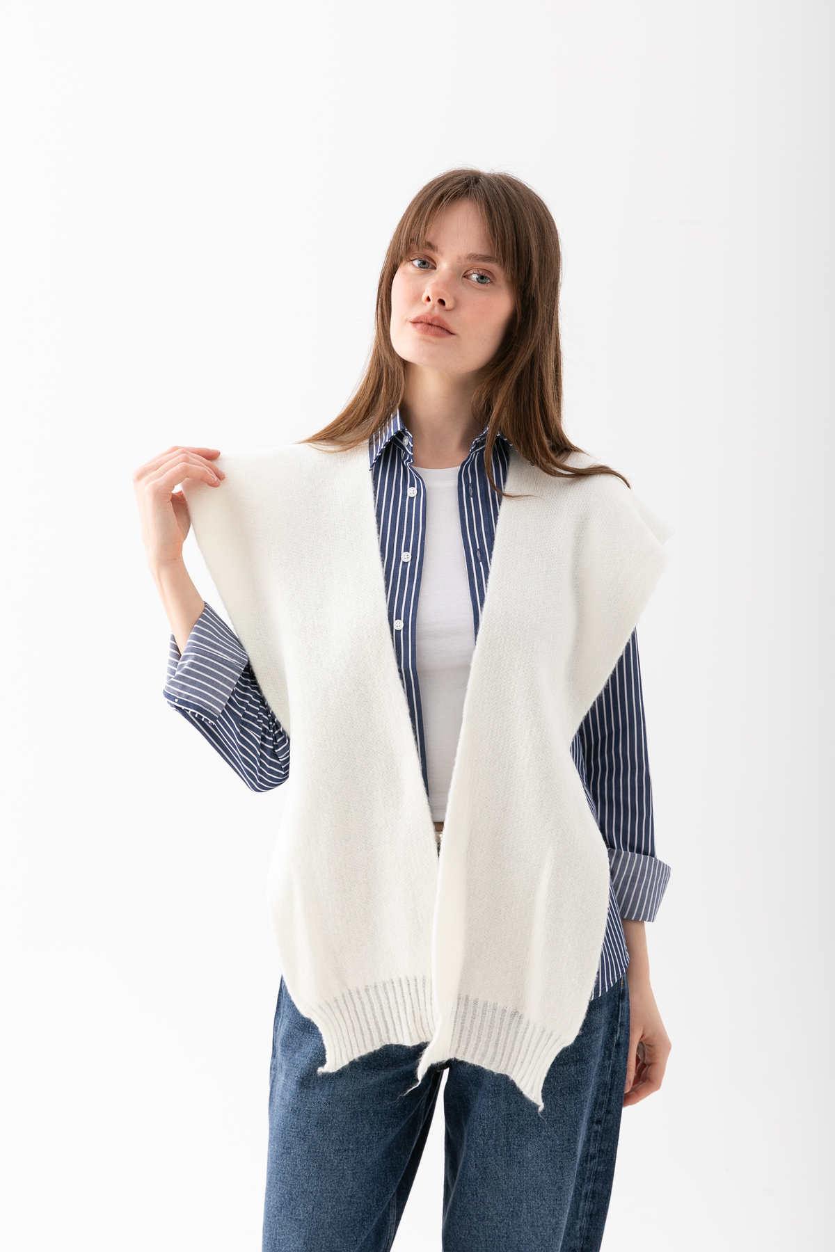 Loov  Yumoş Kare Yaka Bağlamalı Triko Atkı - Kare Parçalı Atkı - Triko Omuz Atkısı Ofis Günlük Moda Atkı - Görsel 7