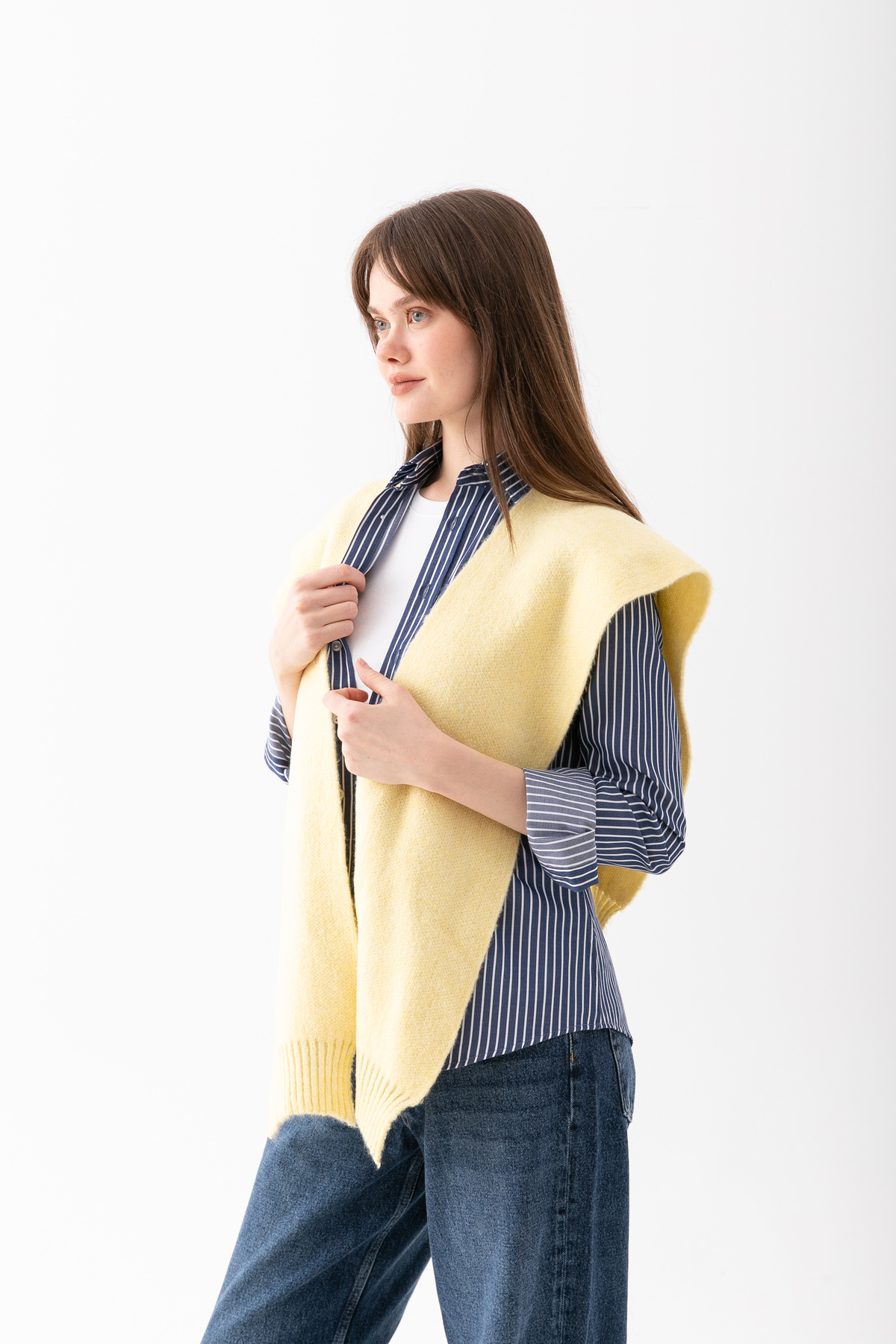 Loov  Yumoş Kare Yaka Bağlamalı Triko Atkı - Kare Parçalı Atkı - Triko Omuz Atkısı Ofis Günlük Moda Atkı - Görsel 7