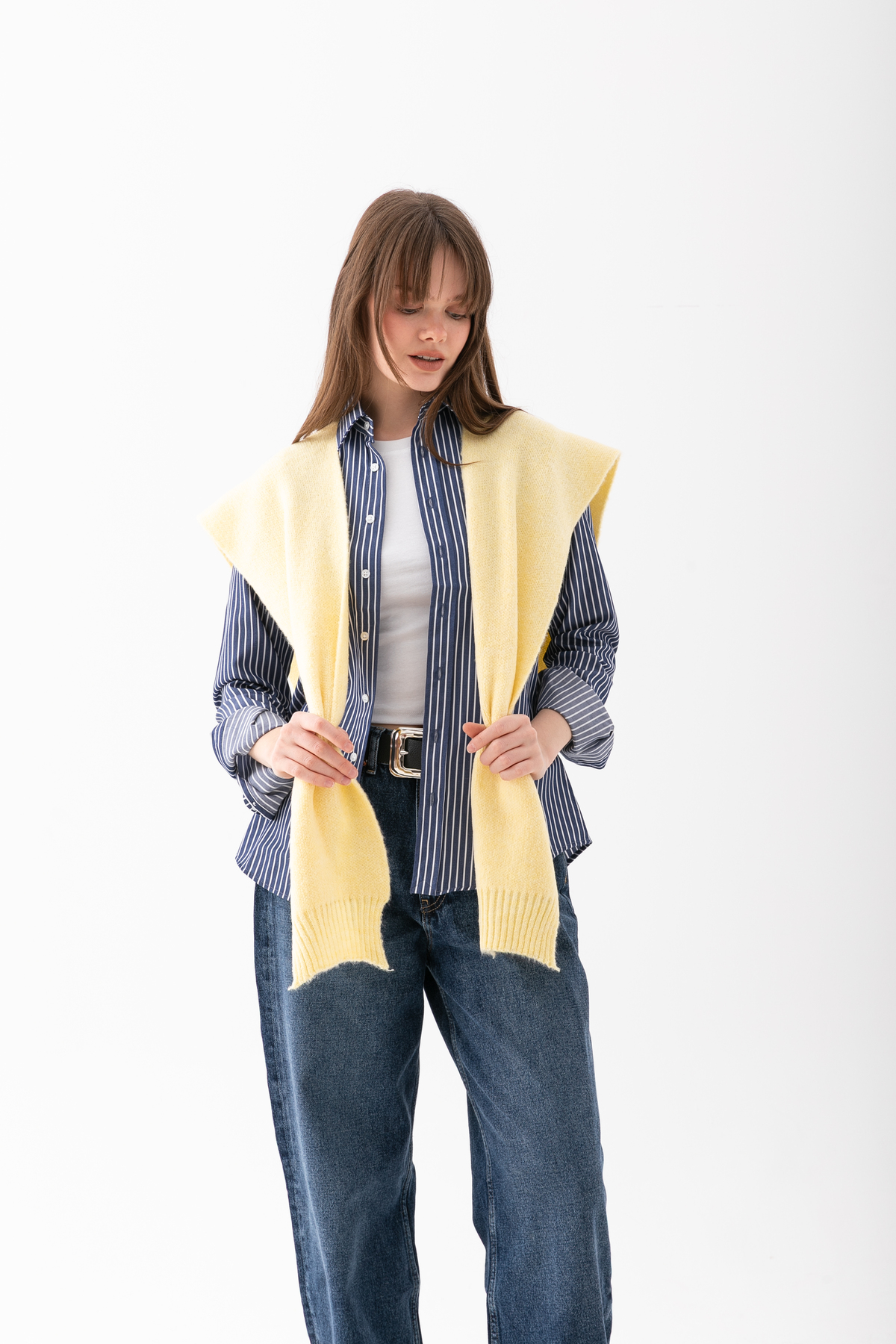 Loov  Yumoş Kare Yaka Bağlamalı Triko Atkı - Kare Parçalı Atkı - Triko Omuz Atkısı Ofis Günlük Moda Atkı - Görsel 6