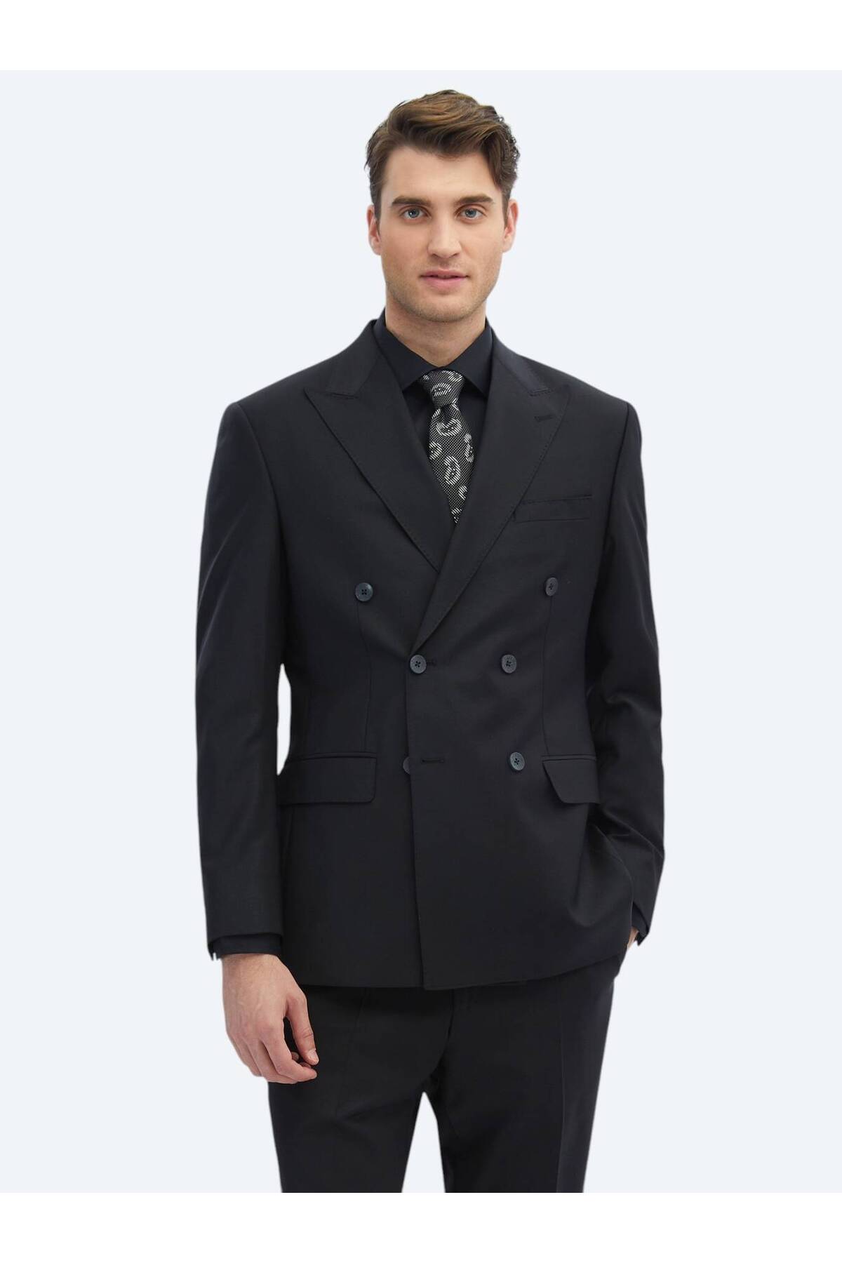 Kip  Siyah Düz Modern Fit Yün Karışımlı Takım Elbise - Görsel 2