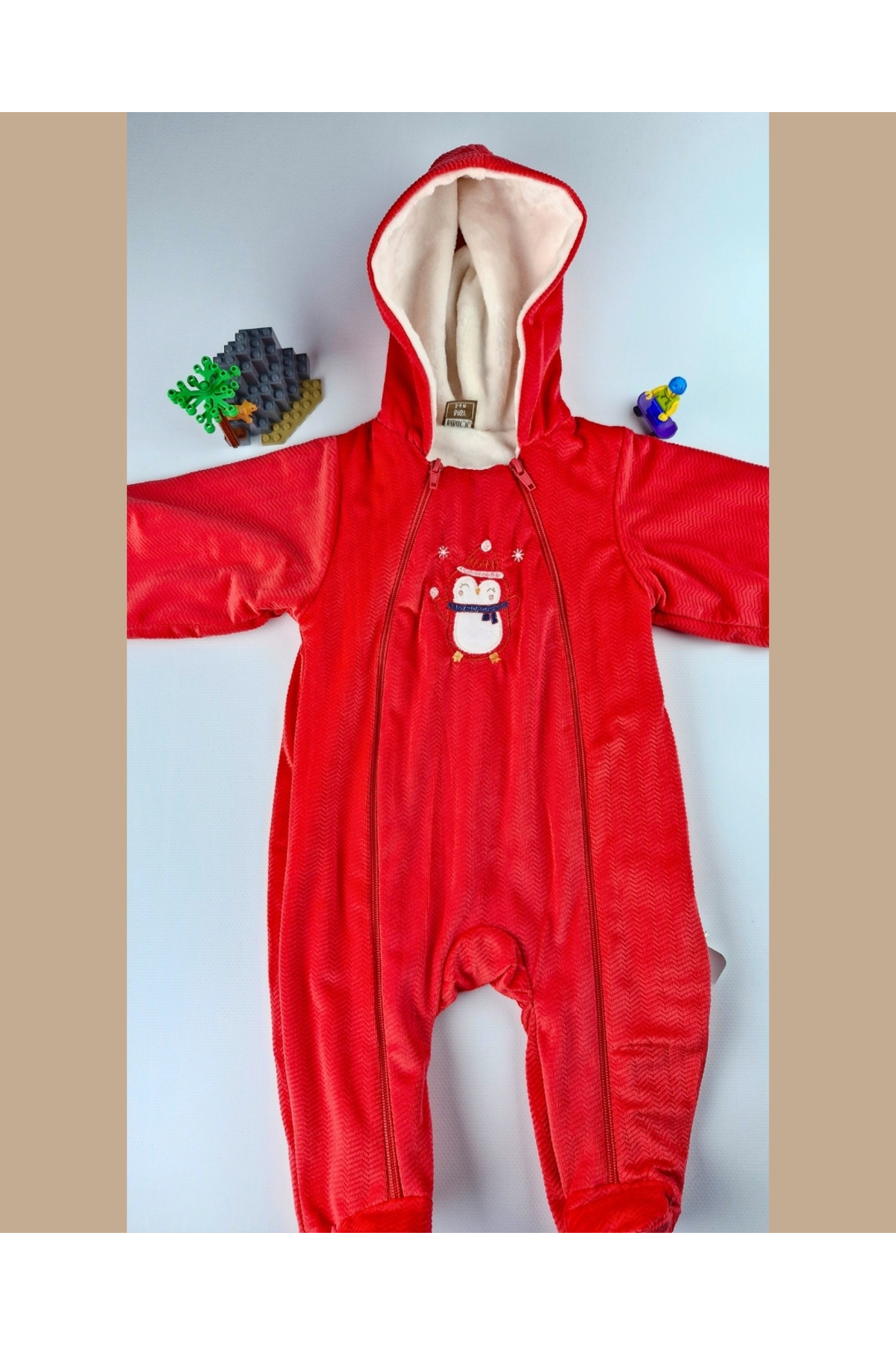 Asliva fashion Asliva Kırmızı Penguen Nakışlı Kadife İçi Peluş Welsoft Çift Fermuarlı Kışlık Astronot Tulum-3-12 ay fotoğrafı 6 (önizleme)