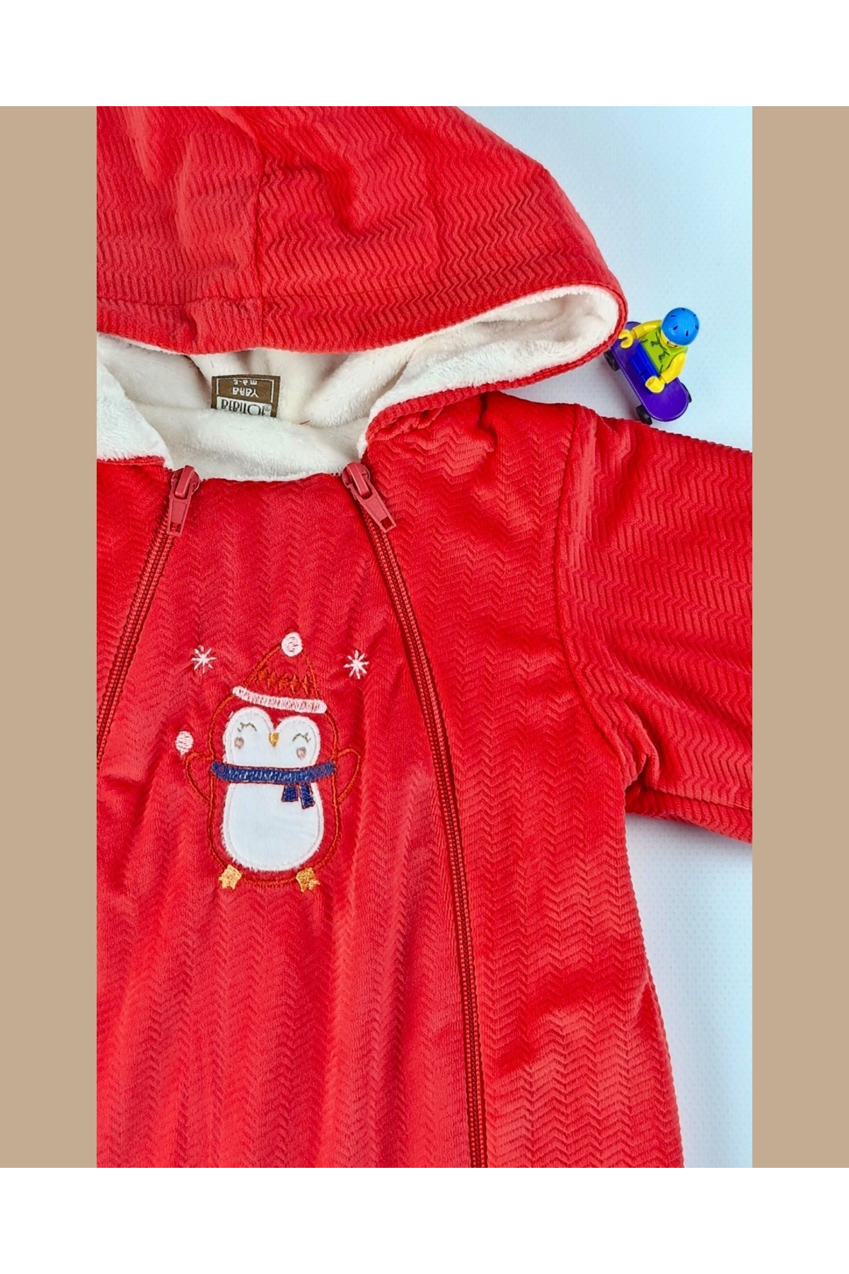 Asliva fashion Asliva Kırmızı Penguen Nakışlı Kadife İçi Peluş Welsoft Çift Fermuarlı Kışlık Astronot Tulum-3-12 ay fotoğrafı 5 (önizleme)