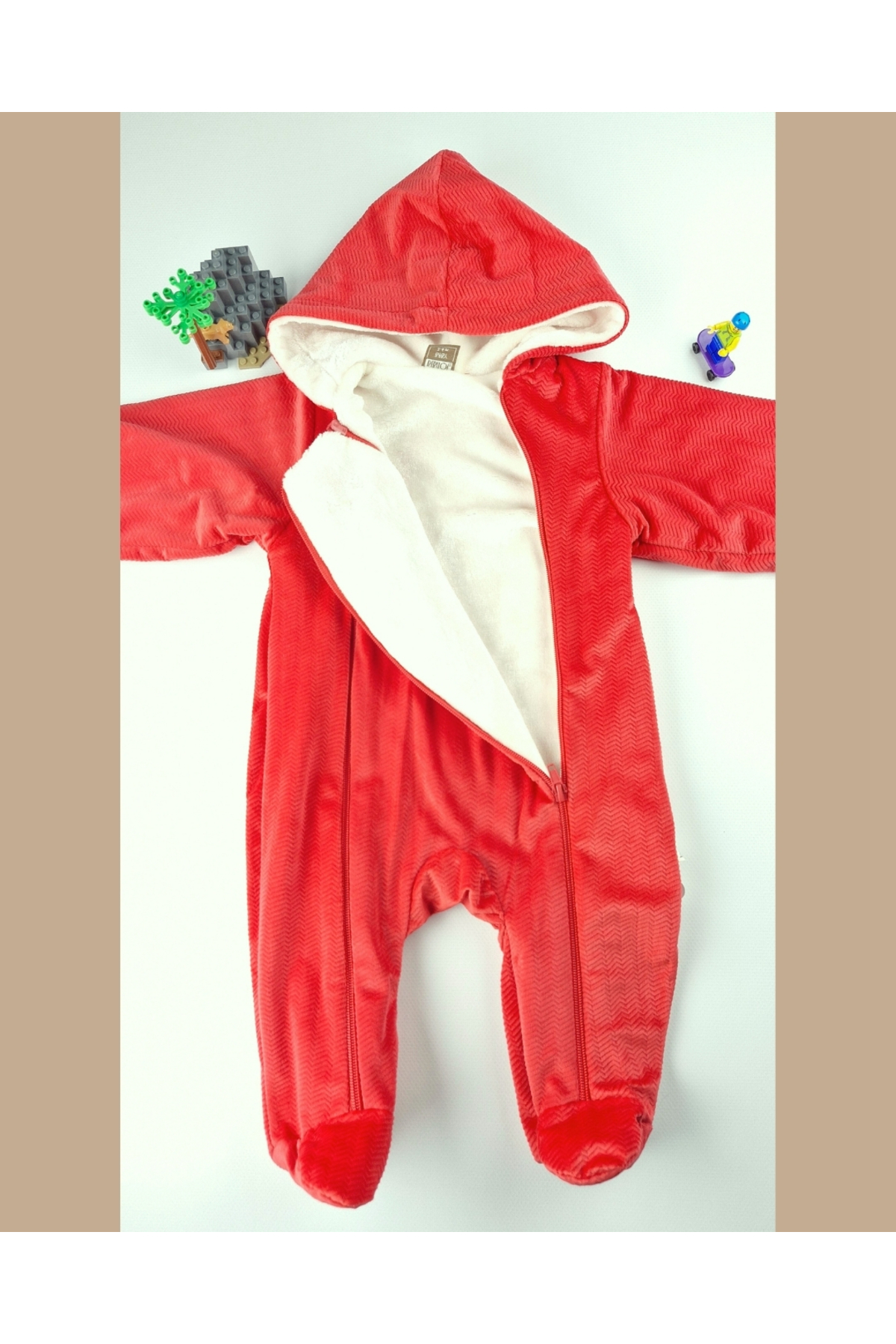 Asliva fashion Asliva Kırmızı Penguen Nakışlı Kadife İçi Peluş Welsoft Çift Fermuarlı Kışlık Astronot Tulum-3-12 ay fotoğrafı 4 (önizleme)