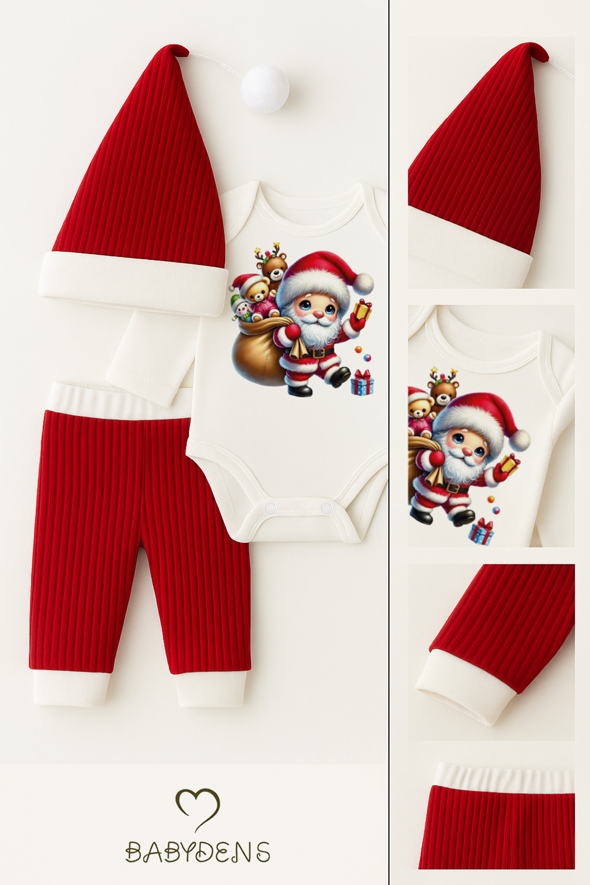 BABYDEN'S Bebek Yılbaşı Noel Kıyafeti 3’lü Set ,Santa Baskılı Uzun Kollu Body, Kırmızı Fitilli Pantolon,Şapka fotoğrafı 4 (önizleme)