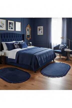 ALTUN CARPET LACİVERT RENK ponpon saçaklı plüş halı 3 takım halınde 1 adet 80...