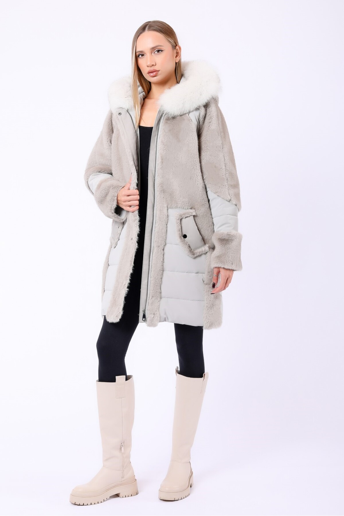 Leather Club  Bej Fox Aksesuarlı Hakiki Kuzu Derisi Garnili Yün Puffer Kaban - Görsel 4