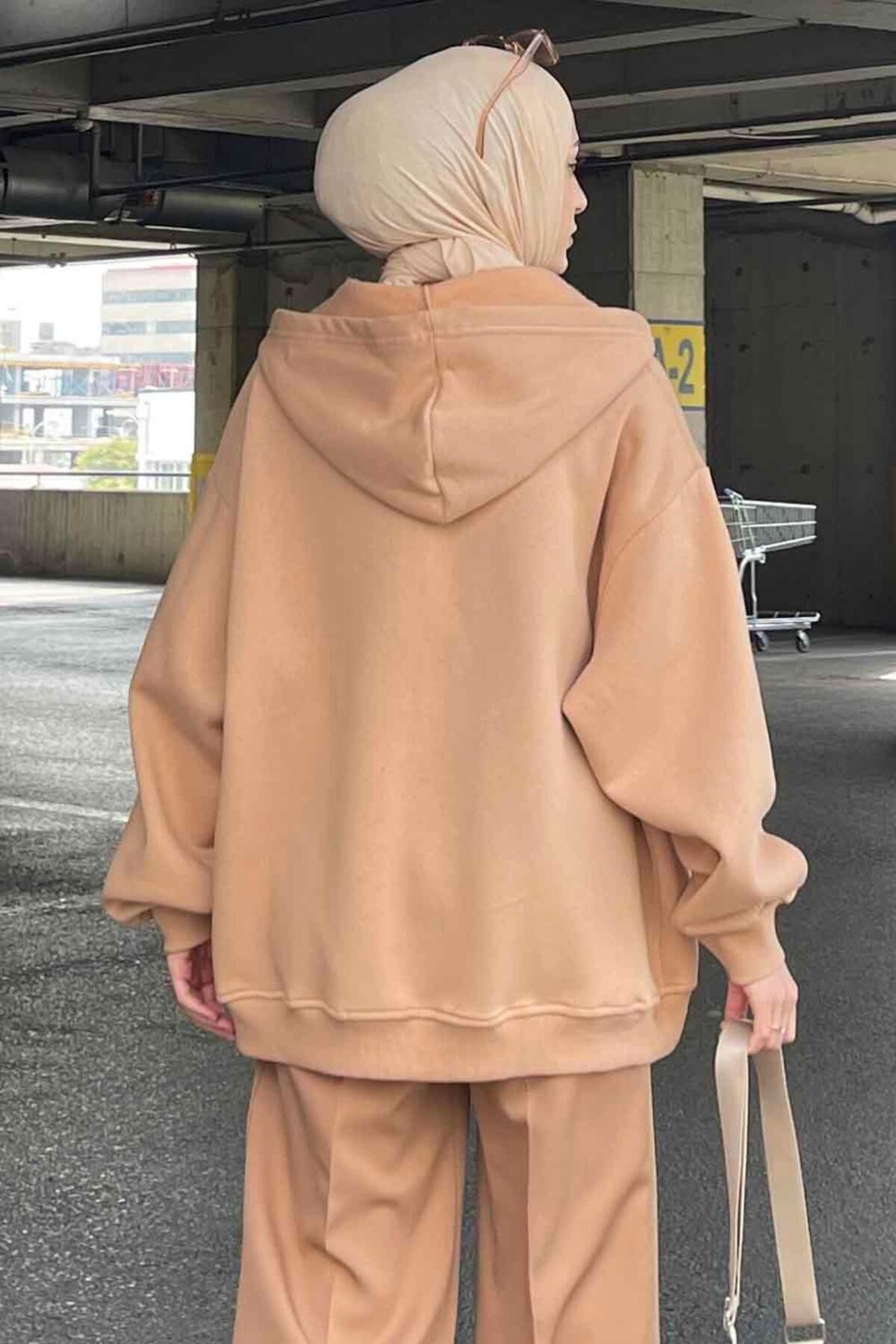 lamelif Kapüşonlu Oversize Yan Cepli Sweat Sütlü Kahve görsel 5