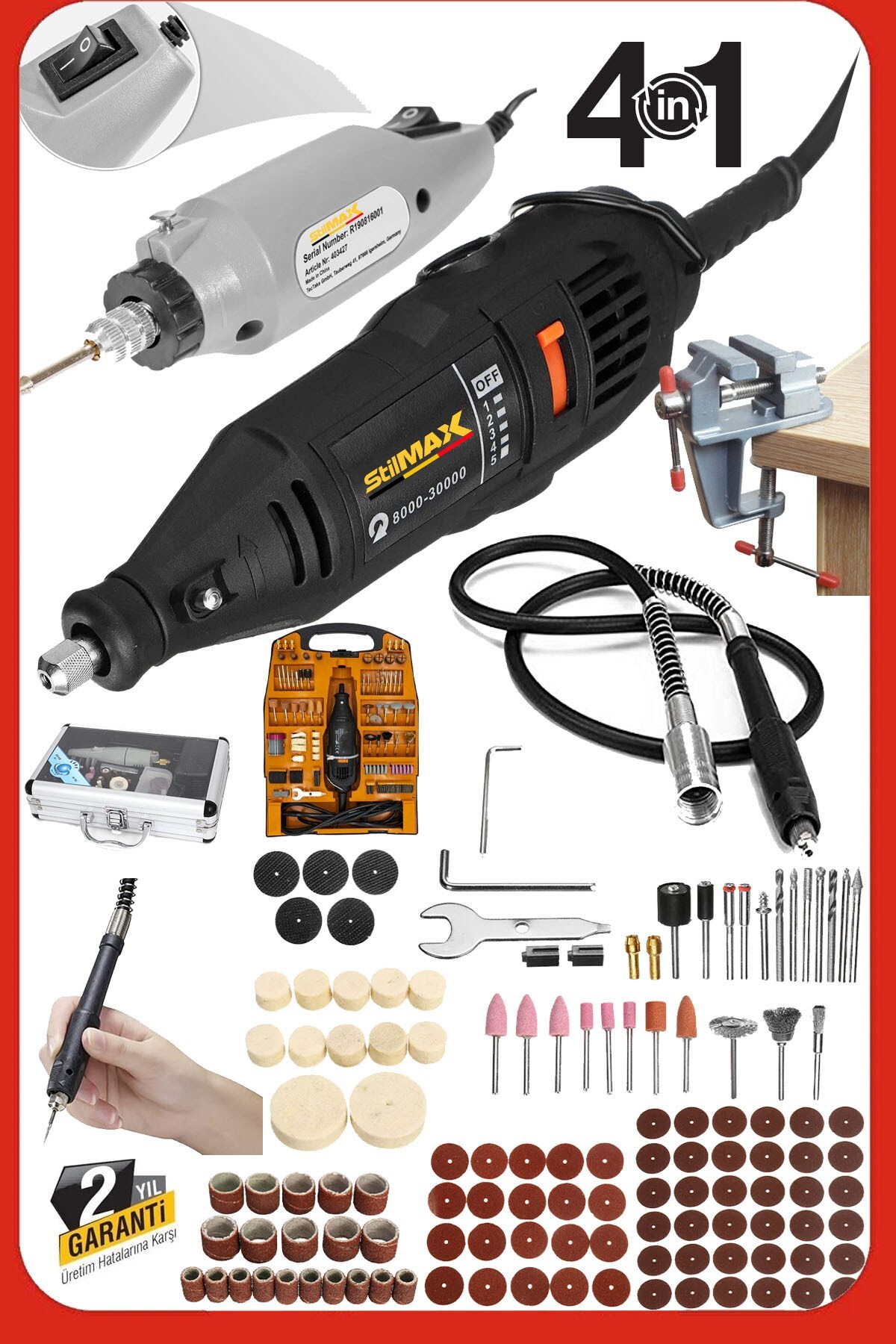 STILMAX Italy Super362 362 Parça 500 W Devir Ayarlı Çift Adet Gravür Oyma Makinesi Dremel Taşlama Zımpara Set