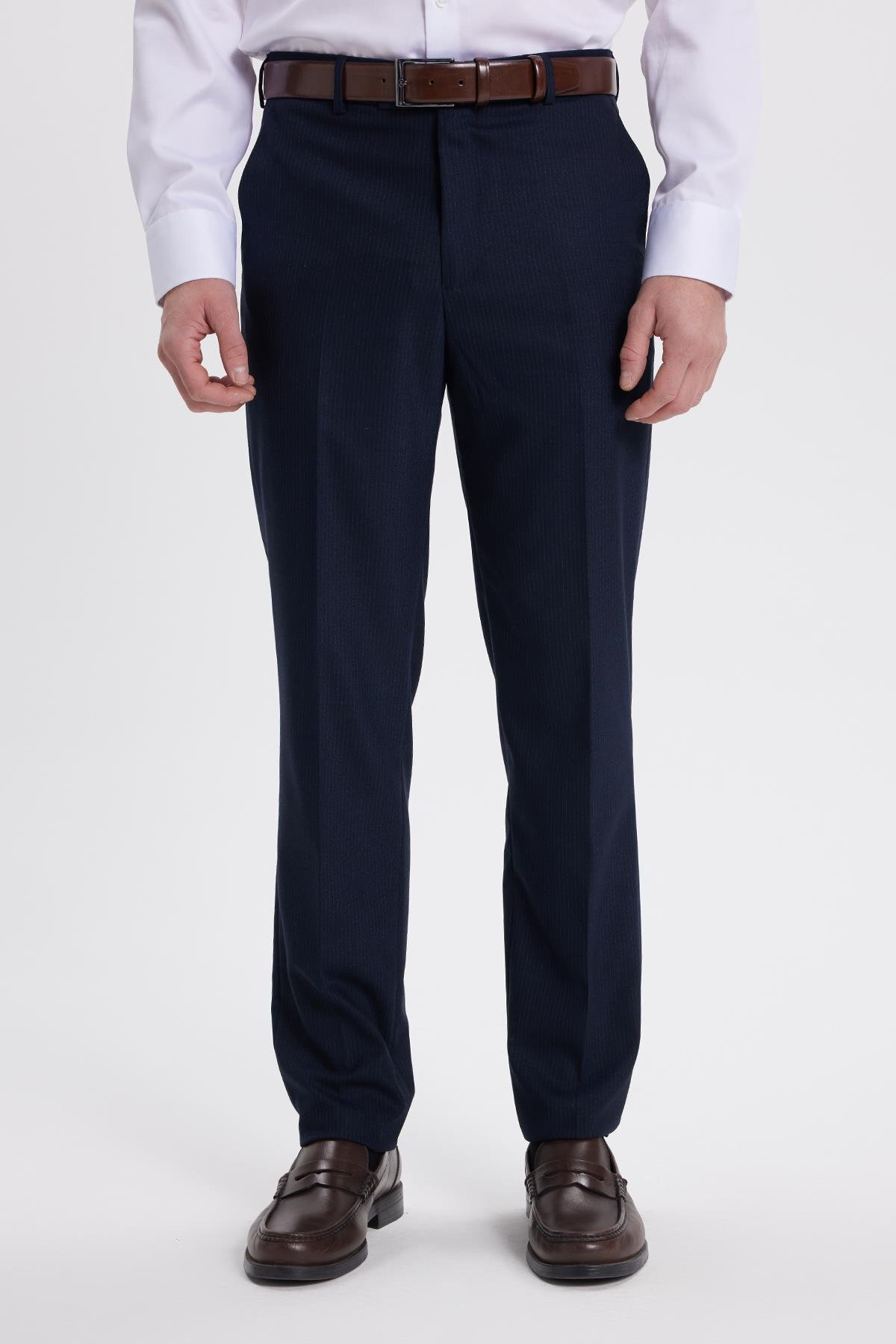 Tudors Erkek Slim Fit Sivri Yaka Çizgili Kapaklı Cepli Lacivert Takım Elbise görsel 3
