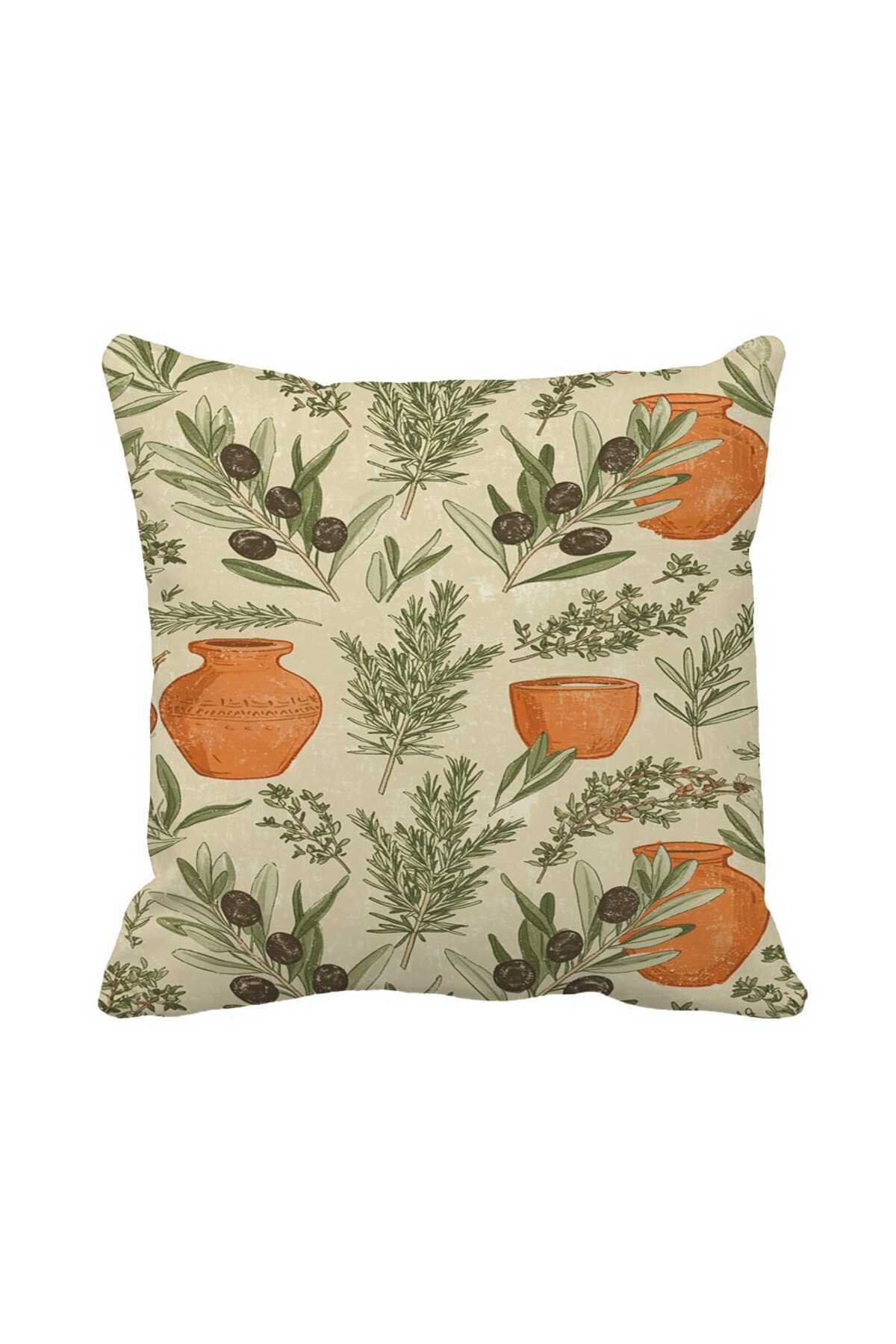 Vintage Mediterranean Single Decorative Pillowcase with Motif - Olive and Pottery 43 x 43 cm Suede