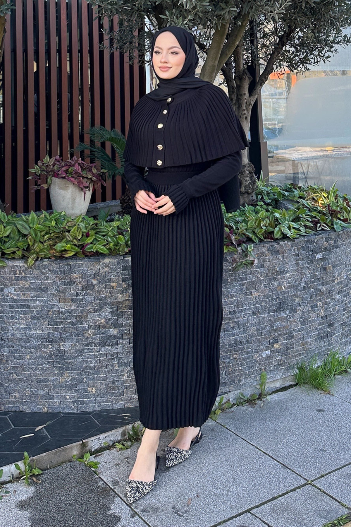 erk giyim  Pelerinli İki Parça Triko Elbise - Siyah - Görsel 4