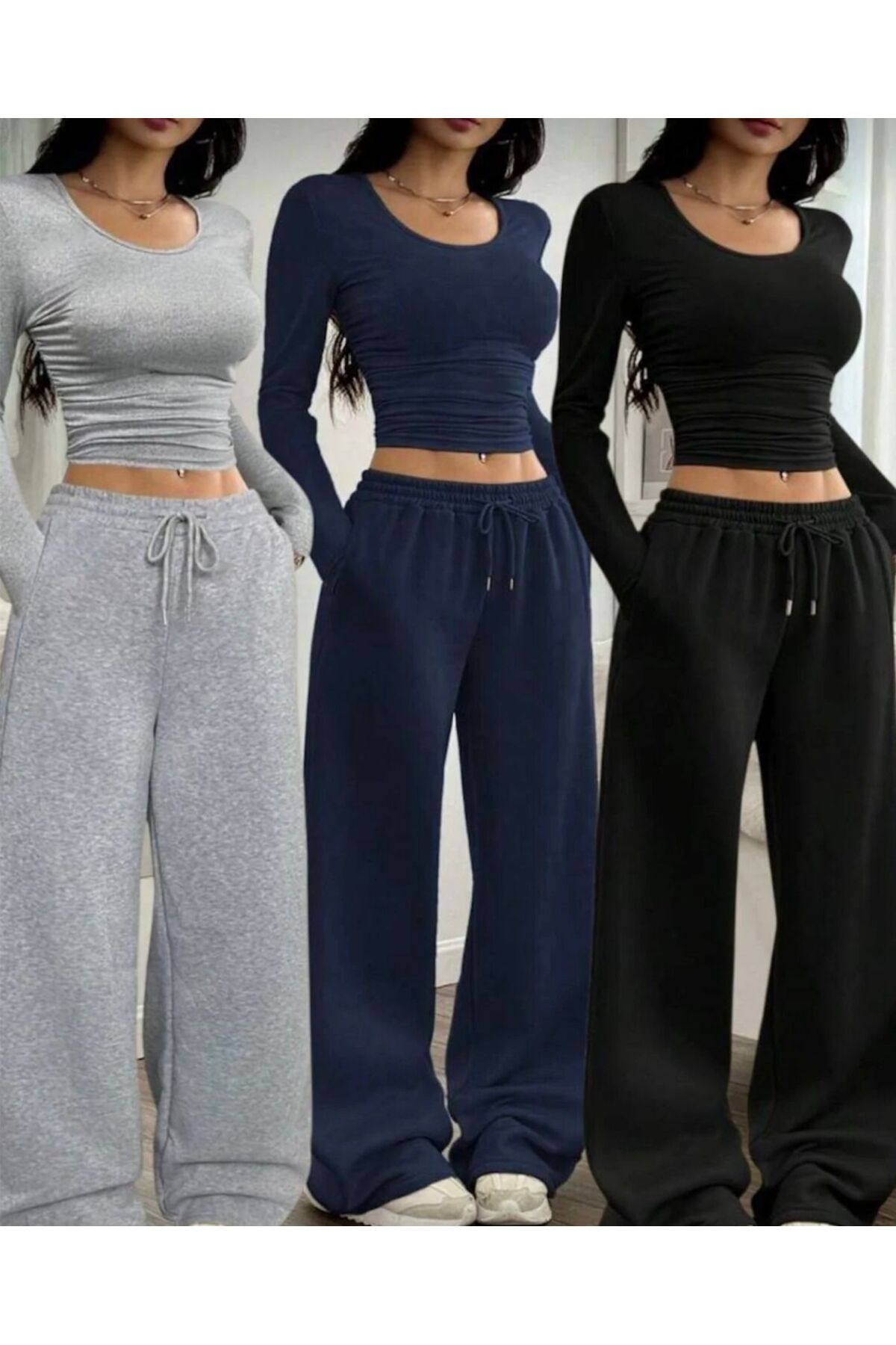 SULVERY  ÜÇ ADET SİYAH GRİ LACİVERT BOL KALIP DÜZ PAÇA MEVSİMLİK KUMAŞ EŞOFMAN ALTI