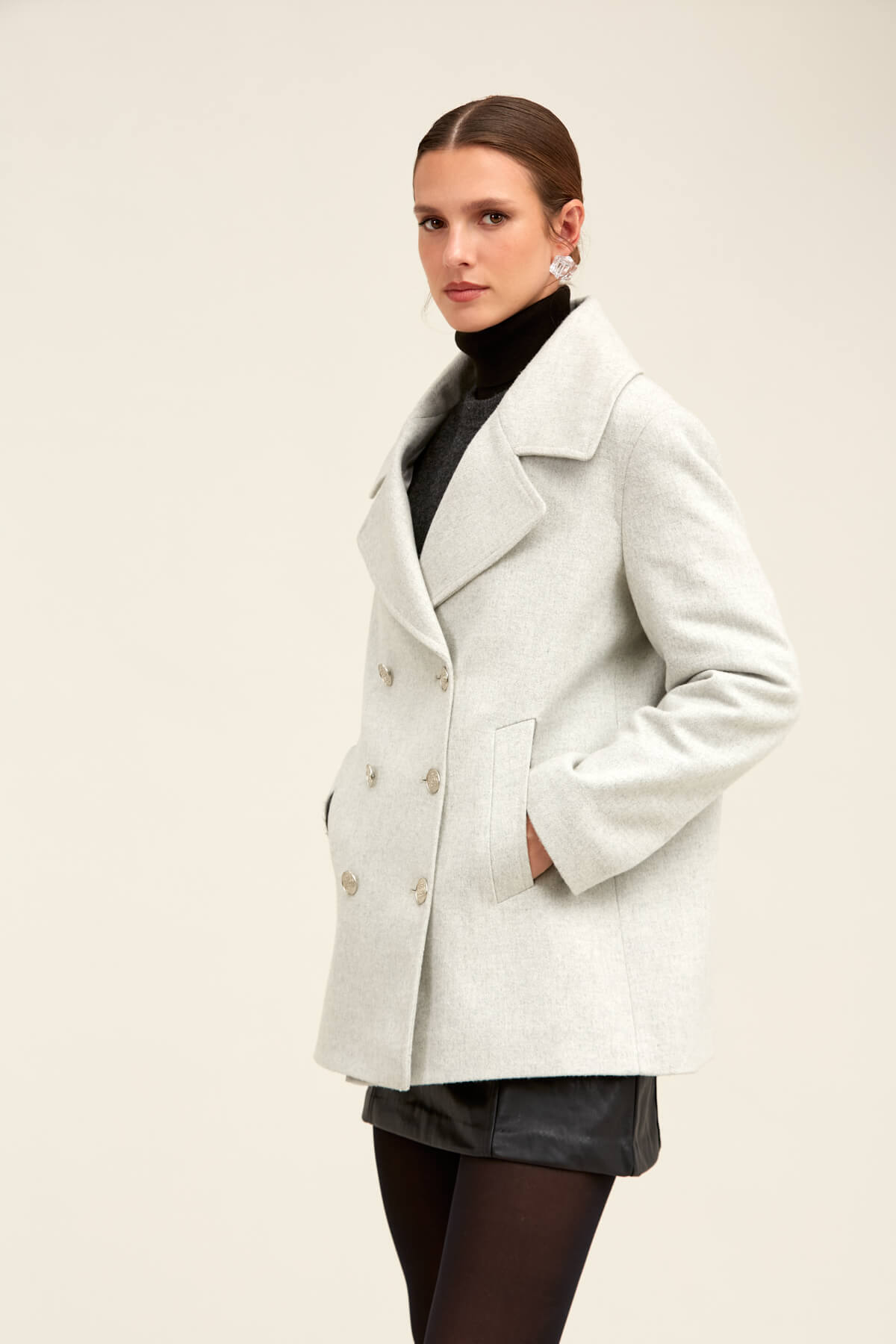 Hatemoğlu  Saykı Woman Gri Dinamik Fit Kruvaze Kaşe Mont - Görsel 8