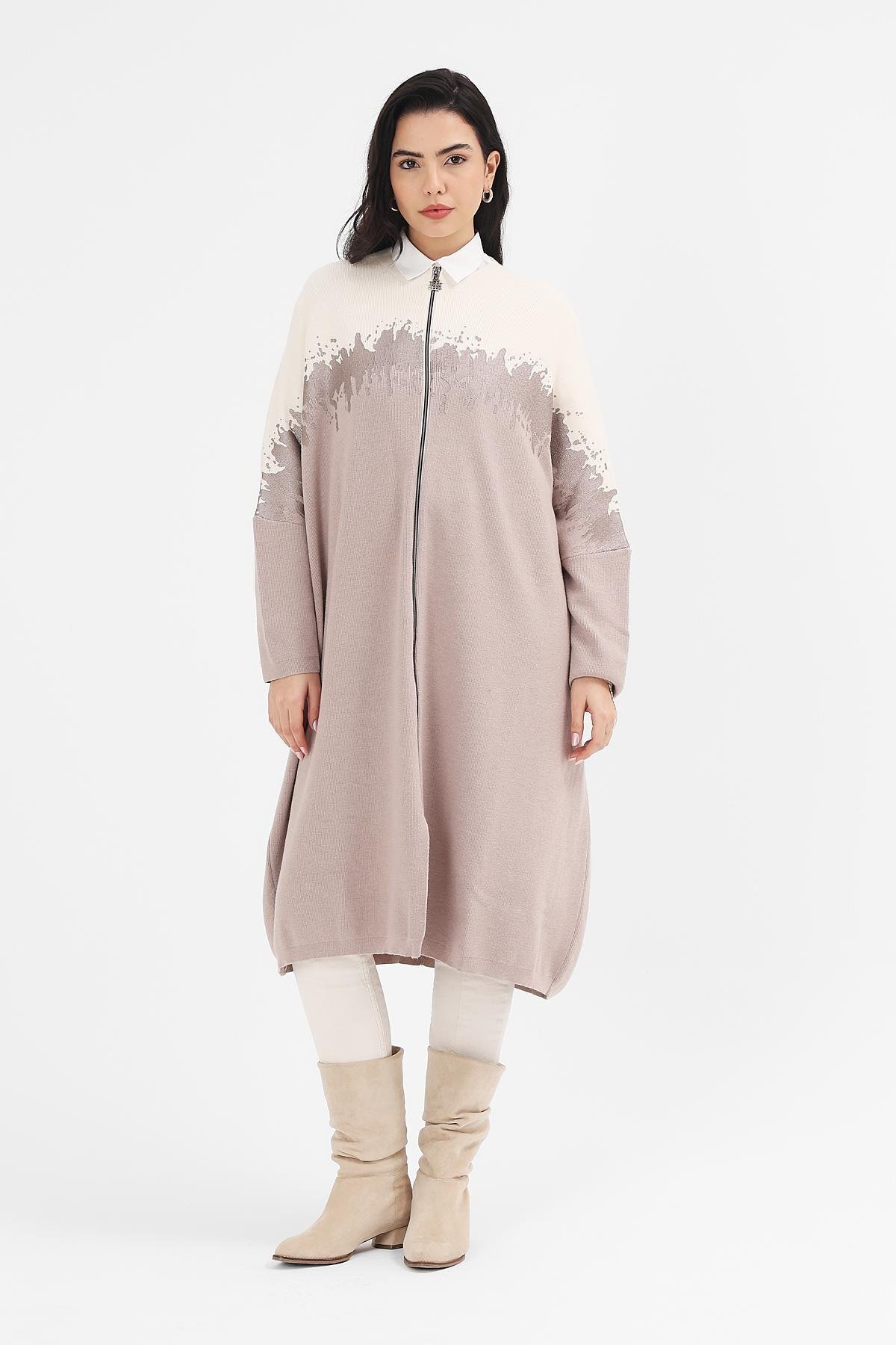 Uludağ Triko Kadın Kum Ekru Baskılı Kepenek Panço