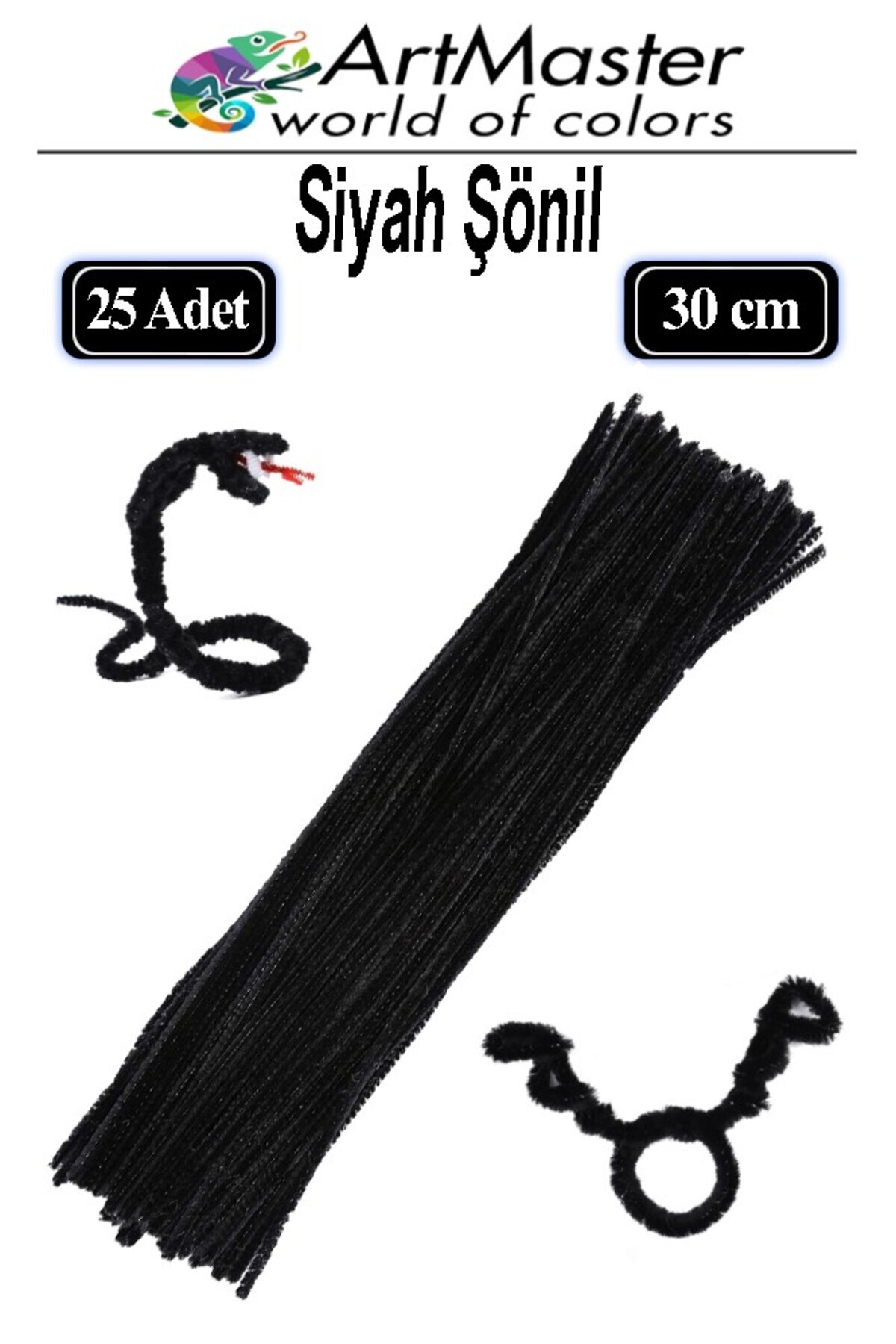 Artmaster Şönil Siyah 30 cm 25 Li 1 Paket Renkli Tüylü Tel Şönil Pipo Temizleyici Okul Öncesi Anasınıfı Kreş H