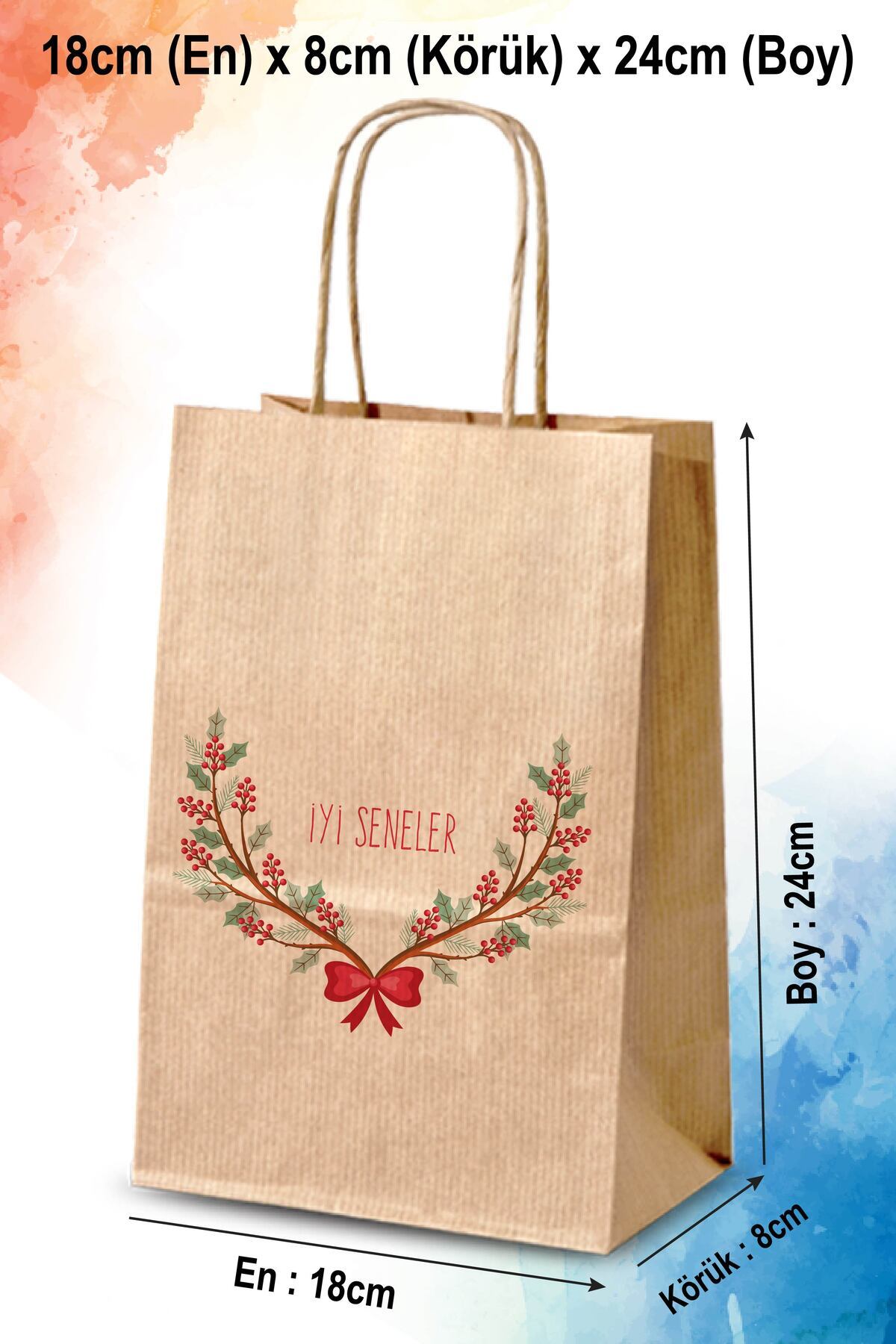 nna tasarım 5 Adet 2026 Yılbaşı Çift Yön Baskılı Hediyelik Kraft Kağıt Çanta / poşet 18x8x24 Cm (KC197-5)