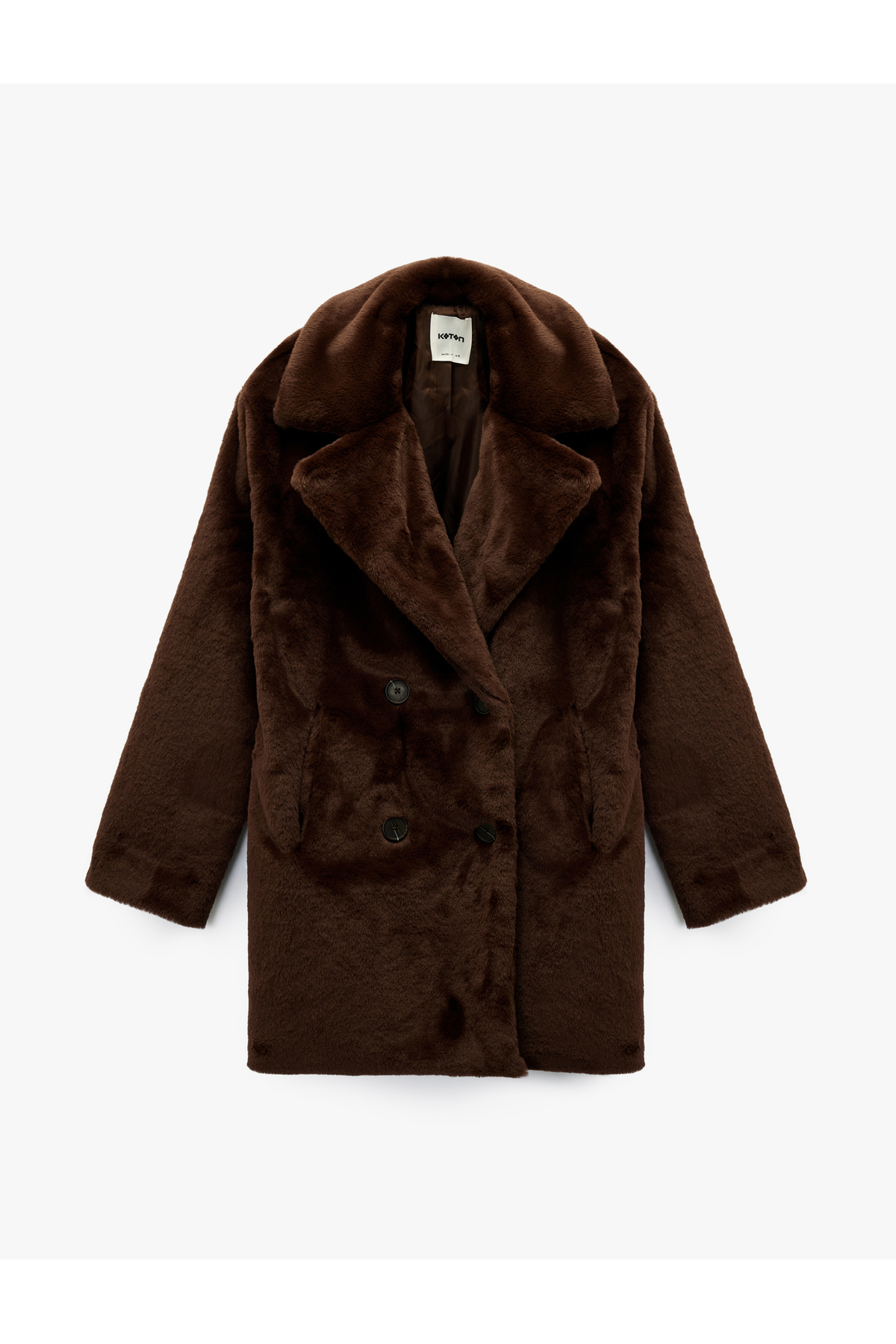 Koton  Suni Kürk Kaban Kruvaze Düğmeli Uzun Kollu Cepli