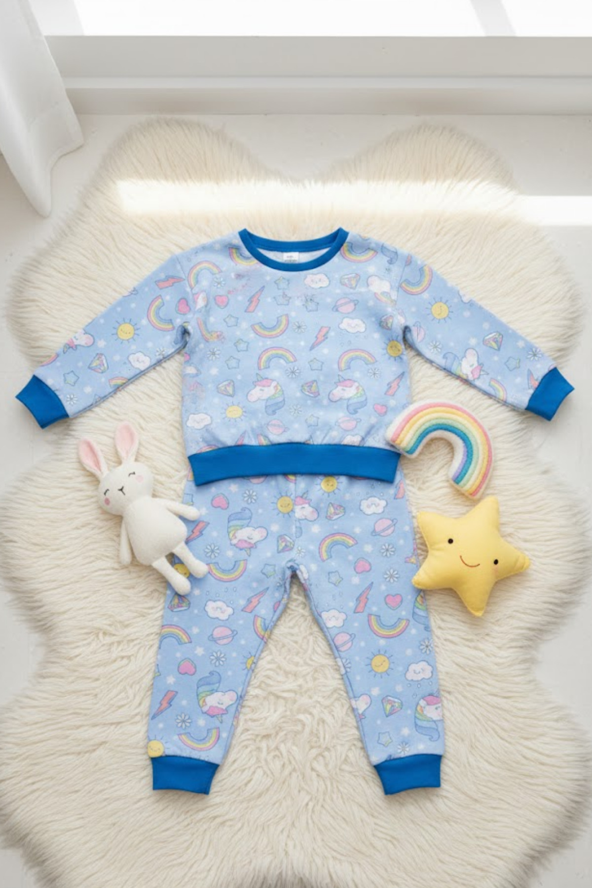 Mavi Gökkuşağı Baskılı CEPLİ 2'li uzun Kollu Alt Üst Takım | Kız Çocuk Unicorn Pijama Takımı |