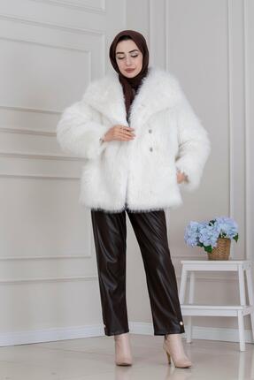 Sevitli Şal Yaka Cırt Cırtlı Suni Kürk-BEYAZ