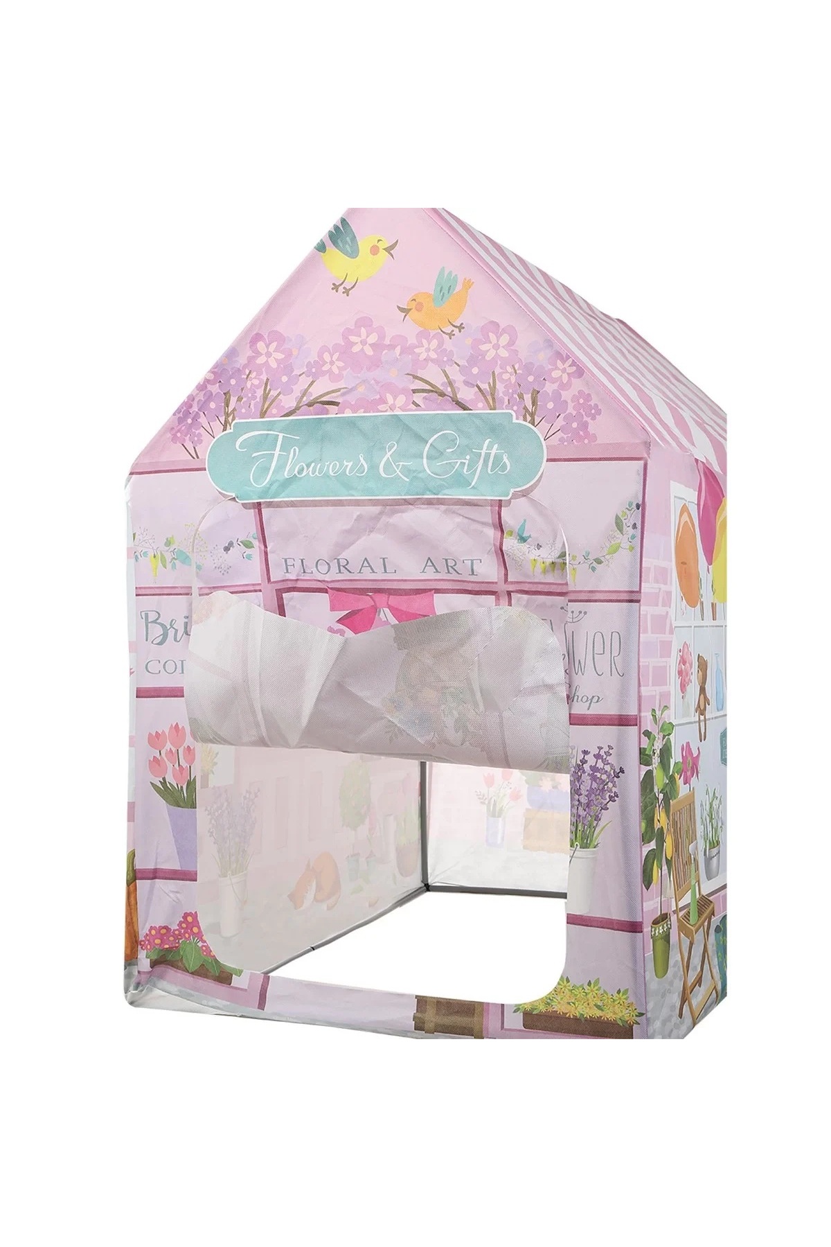 چادر بازی دخترانه گل‌دار صورتی، ارتفاع ۹۷ سانتی‌متر × طول ۹۷ سانتی‌متر × عرض ۶۷ سانتی‌متر.