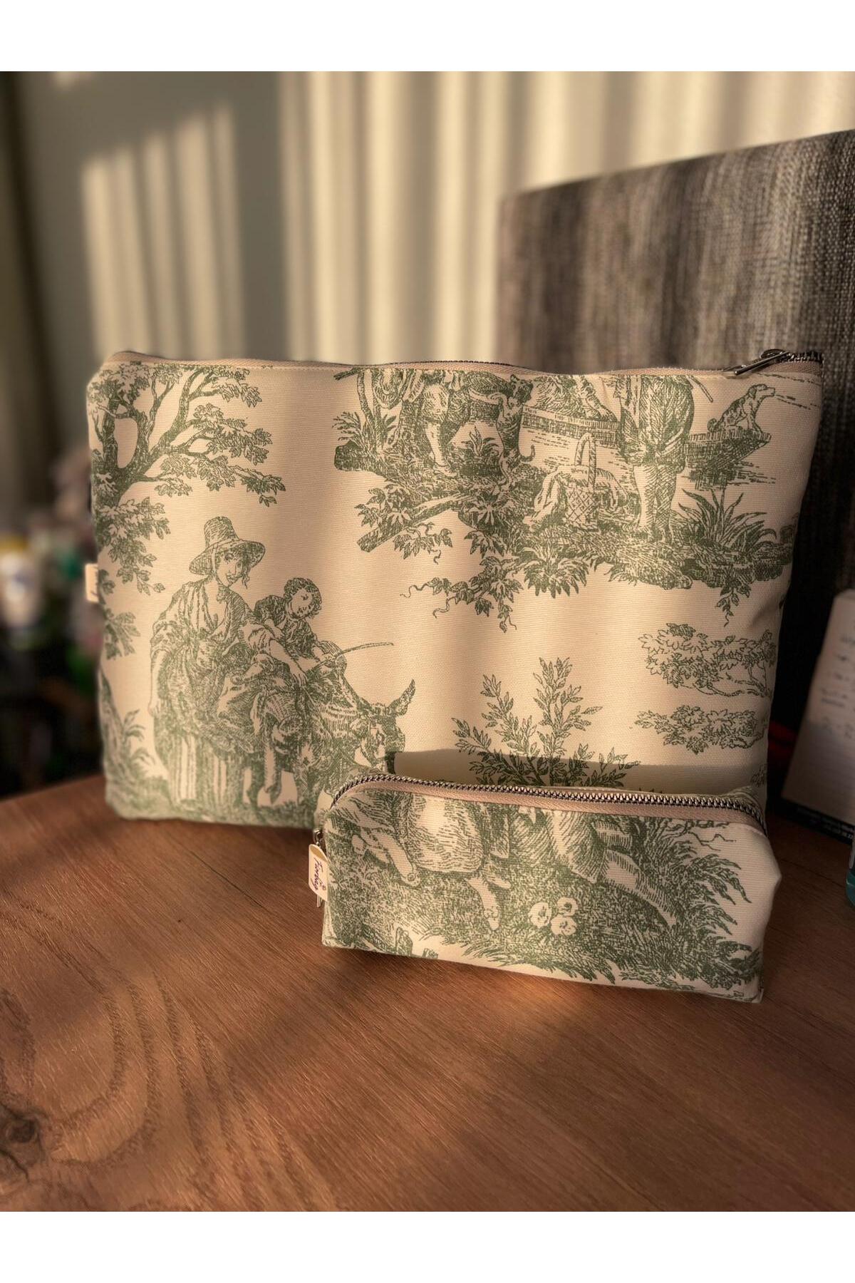 Fiorbag El Yapımı Toile de Jouy Desenli Tablet Çantası 11inç Gündelik Askısız Kadın El Çantası görsel 5