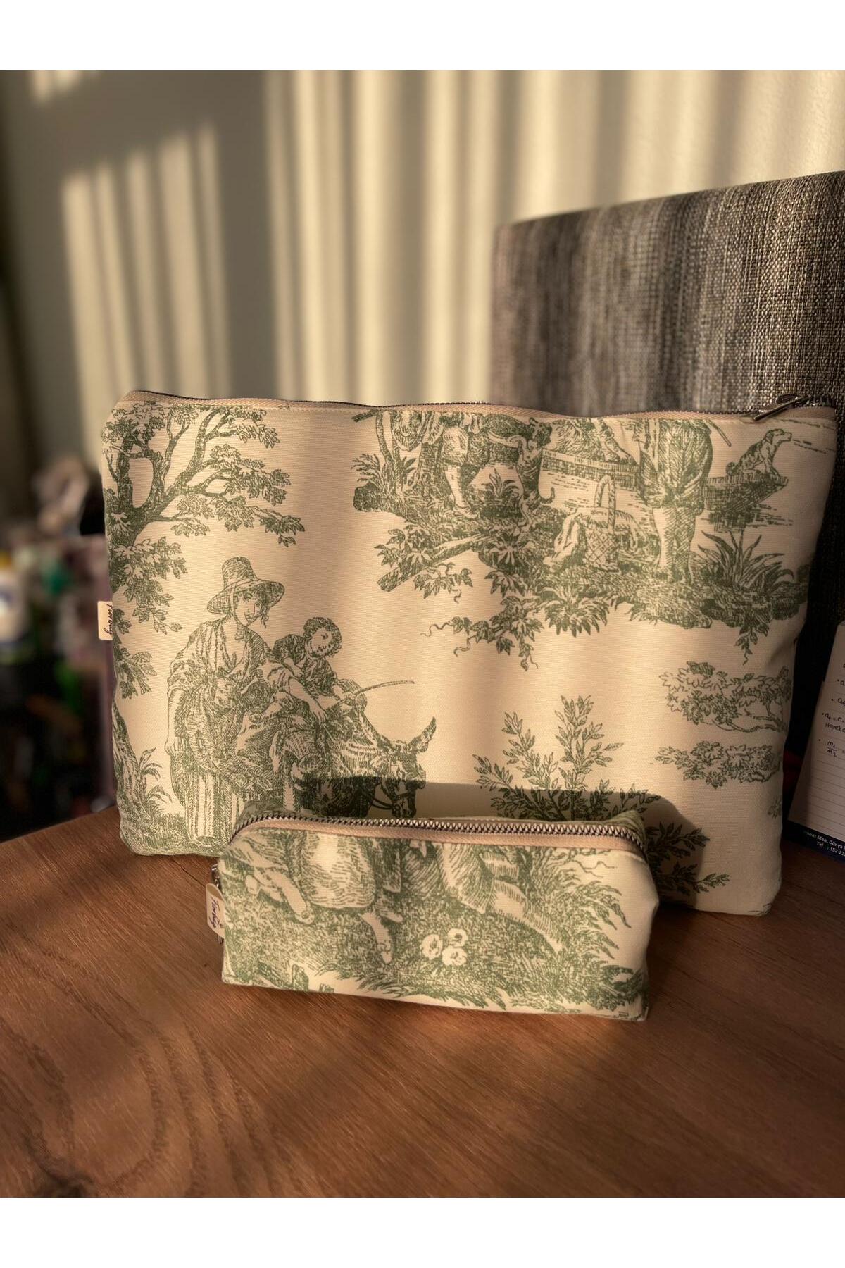 Fiorbag El Yapımı Toile de Jouy Desenli Tablet Çantası 11inç Gündelik Askısız Kadın El Çantası
