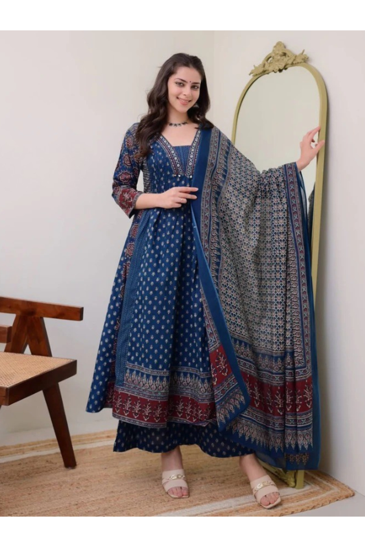 MYSMAR Teal Blue Viscose Cotton Salwar Kameez Dupatta - ALV2048 | Teal Blue